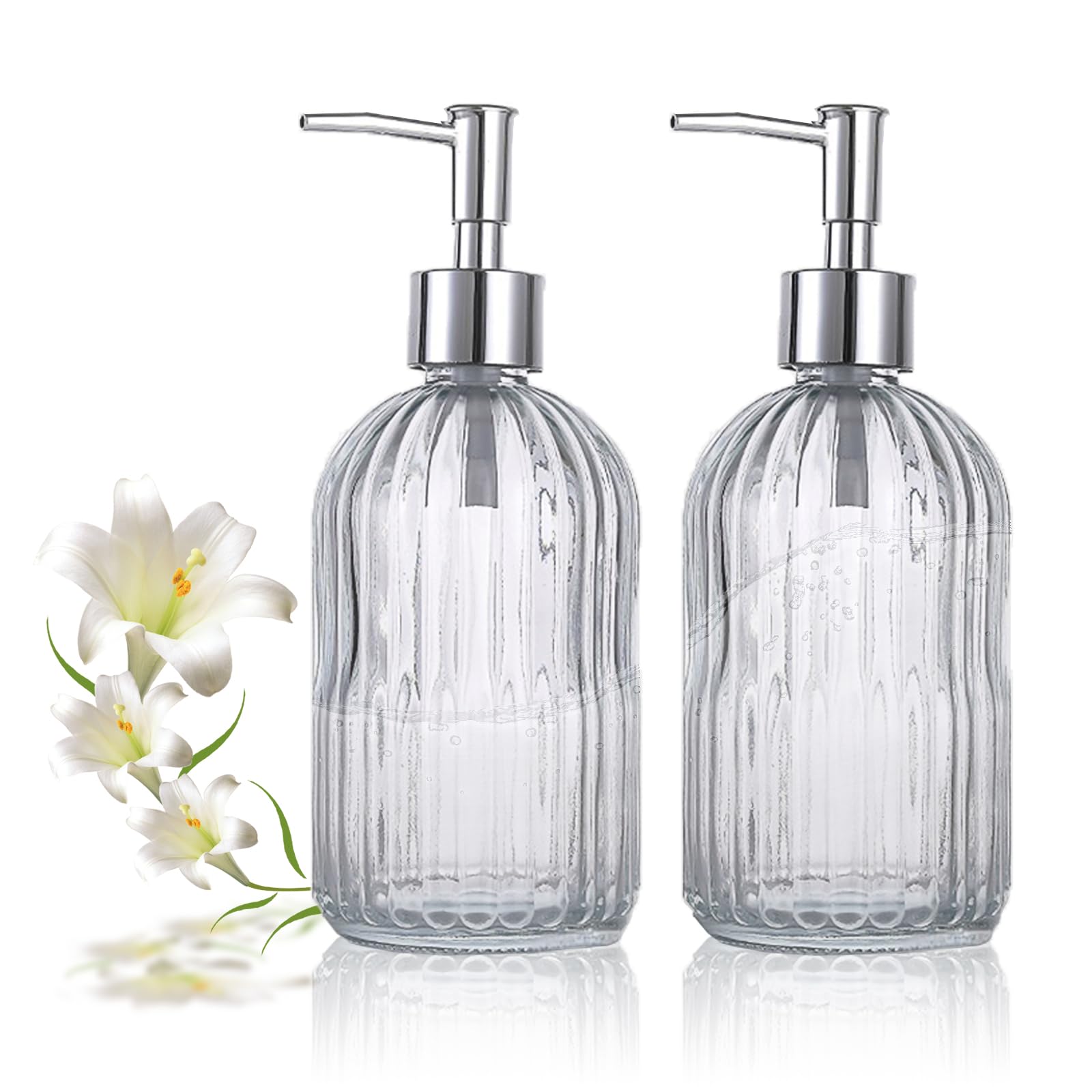 Pink Clear Glass Soap Dispenser 13 Oz/400ml, Striped Transparent Liquid Hand Soap Dispenser for Kitchen & Bathroom