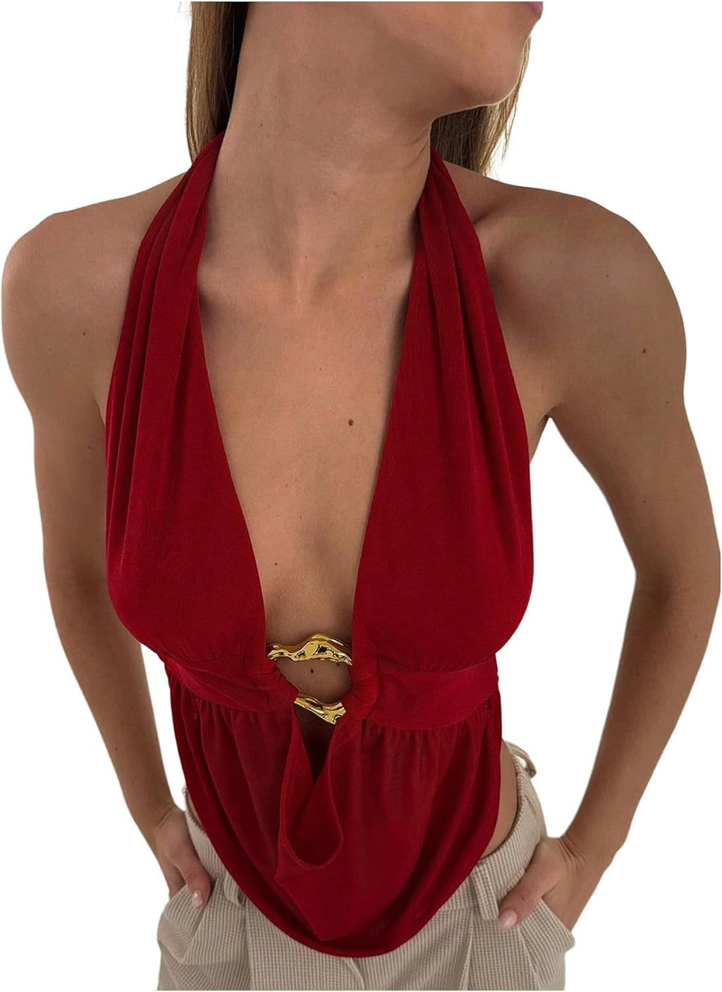 Women's Casual Sleeveless Backless Halter Tops Draped Front Party Tank Top