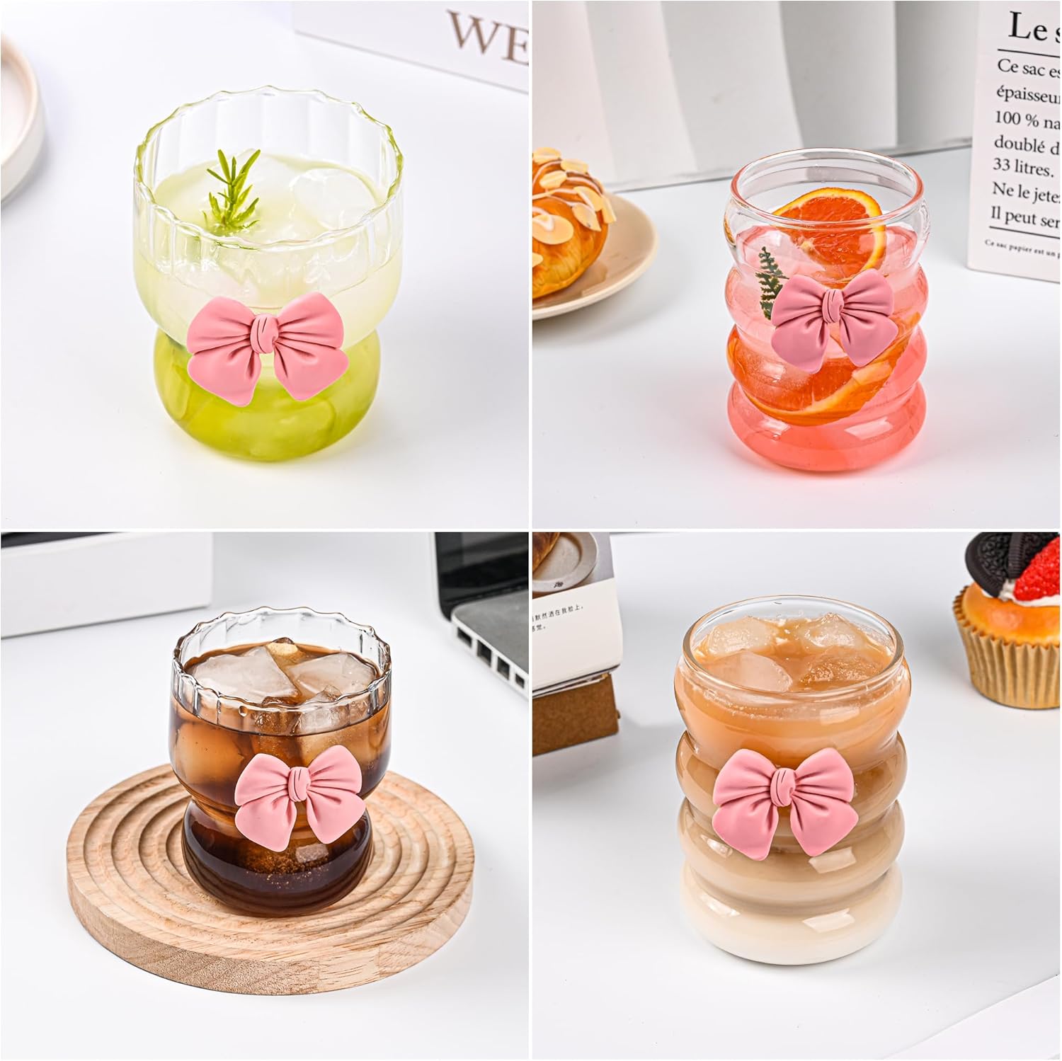 Coquette Cute Bow Glass Cups 10oz Pink Bow Glasses Cup Vintage Ribbed Drinking Glasses 2pcs