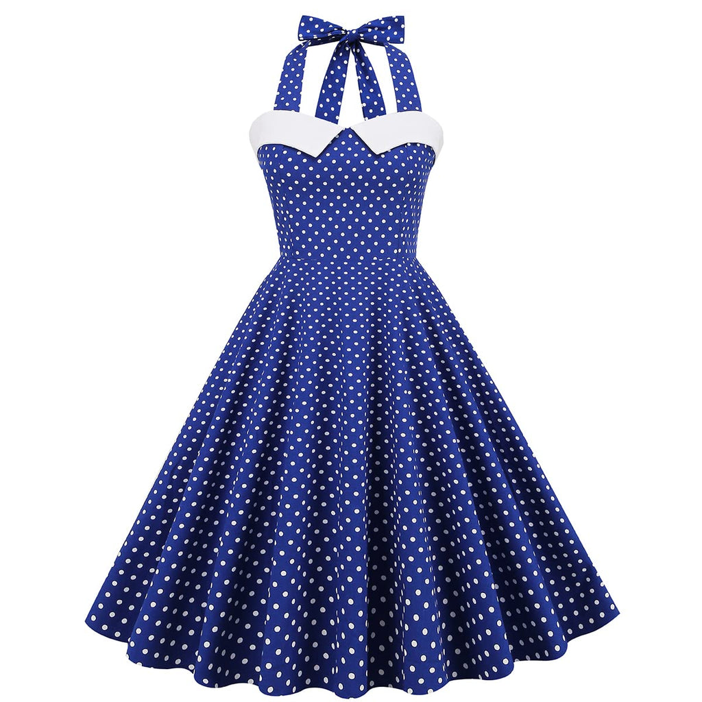 Vintage Women 1950s Rockabilly Swing Dress Pinup 50s Retro Hepburn Style Halterneck A-Line Dresses