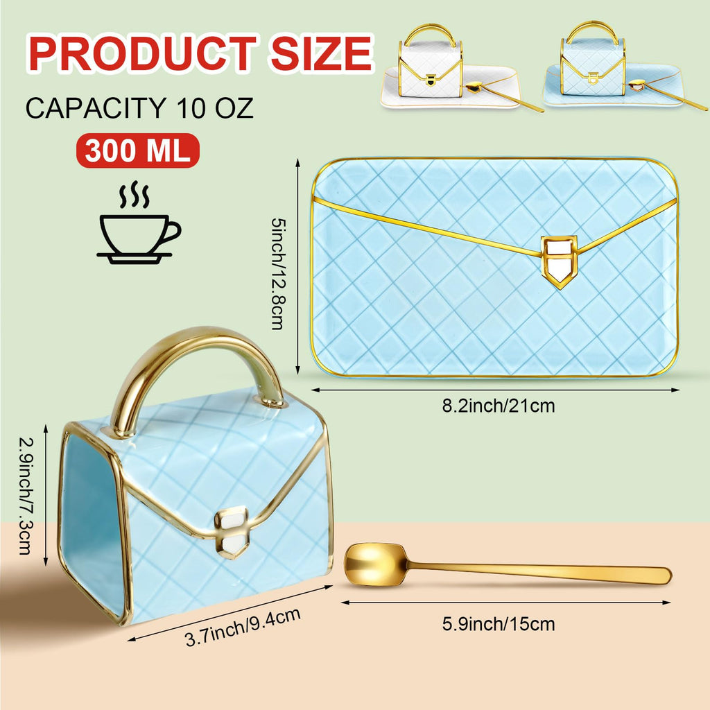 Set Coffee Mug Elegant Handbag Shaped Cup Modern Ceramic Purse Mug with Spoon and Saucer, 10oz Cute Creative Tea Cup