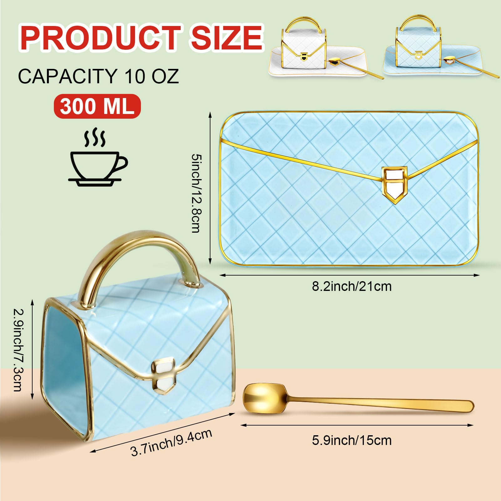 Set Coffee Mug Elegant Handbag Shaped Cup Modern Ceramic Purse Mug with Spoon and Saucer, 10oz Cute Creative Tea Cup