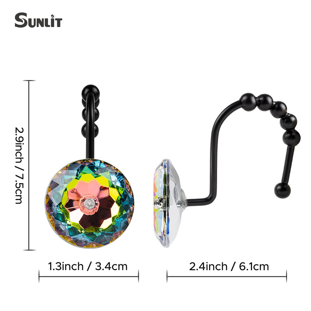 Luxury Design Round Diamond Crystal Gem Bling with Glide Balls Shower Curtain Hooks, Rust Proof Metal Rhinestones Glam Shower Curtain Rings-12 Pack