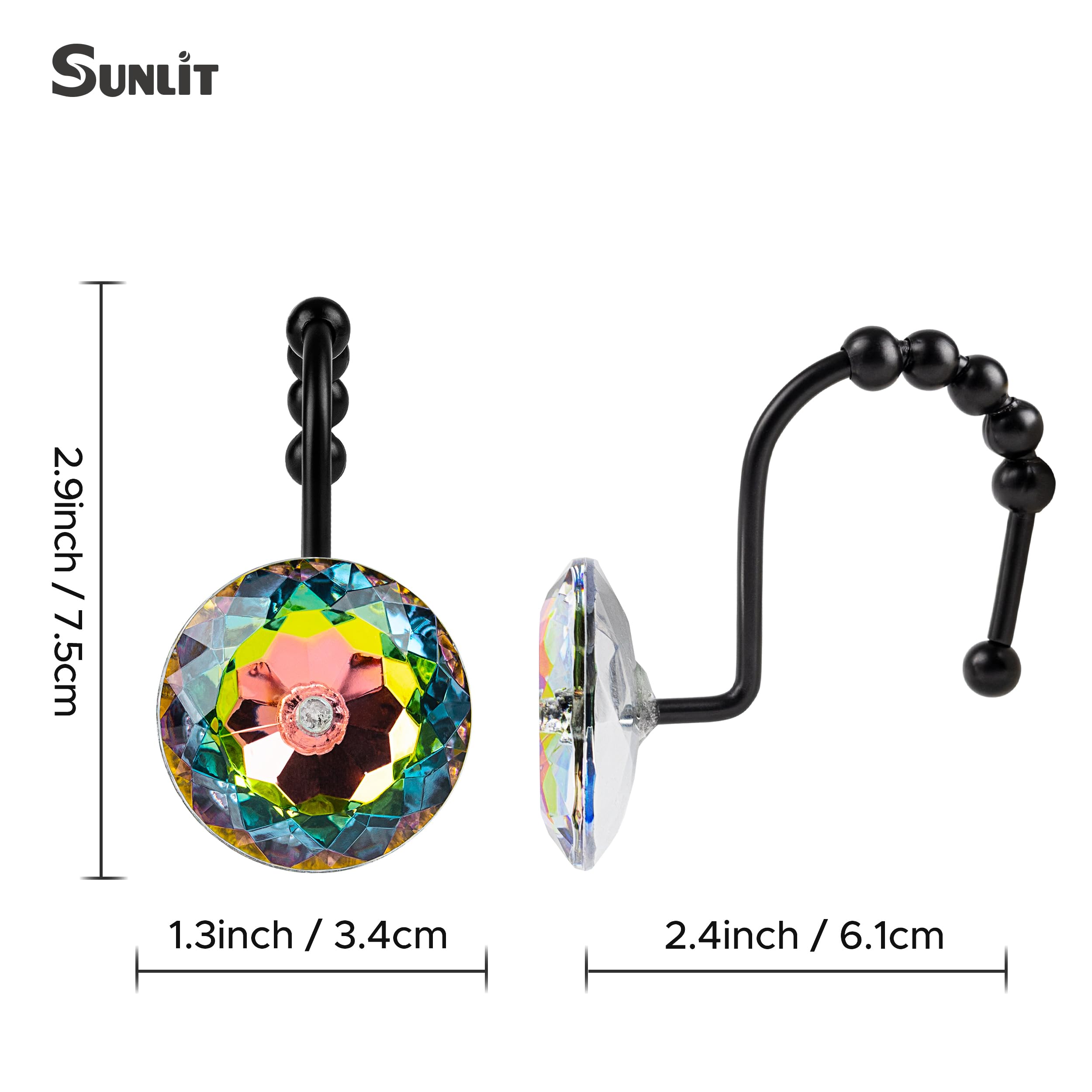 Luxury Design Round Diamond Crystal Gem Bling with Glide Balls Shower Curtain Hooks, Rust Proof Metal Rhinestones Glam Shower Curtain Rings-12 Pack