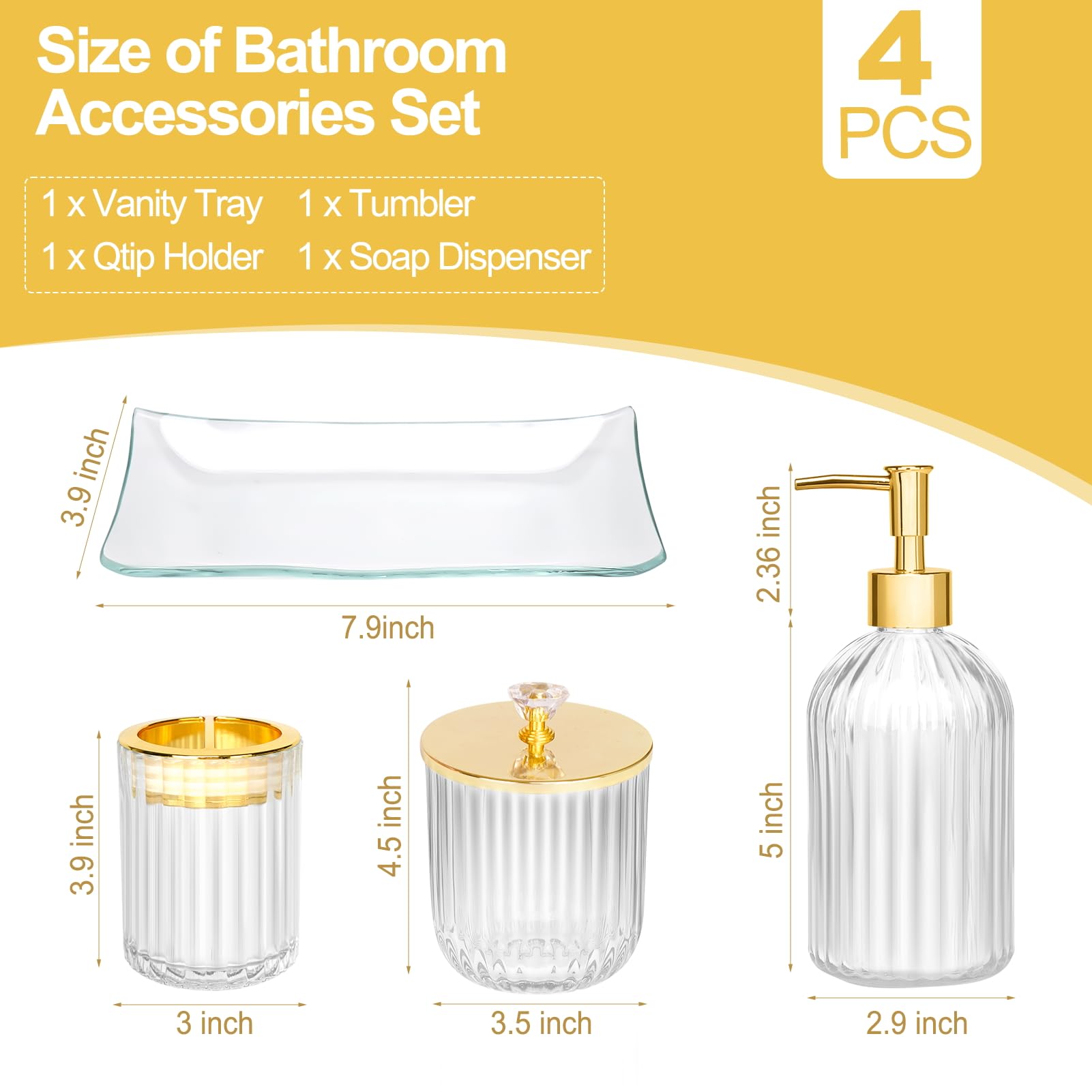Glass Bathroom Accessories Set 4PCS Bathroom Accessories Set with Soap Dispenser Toothbrush Holder Qtip Holder & Vanity Tray