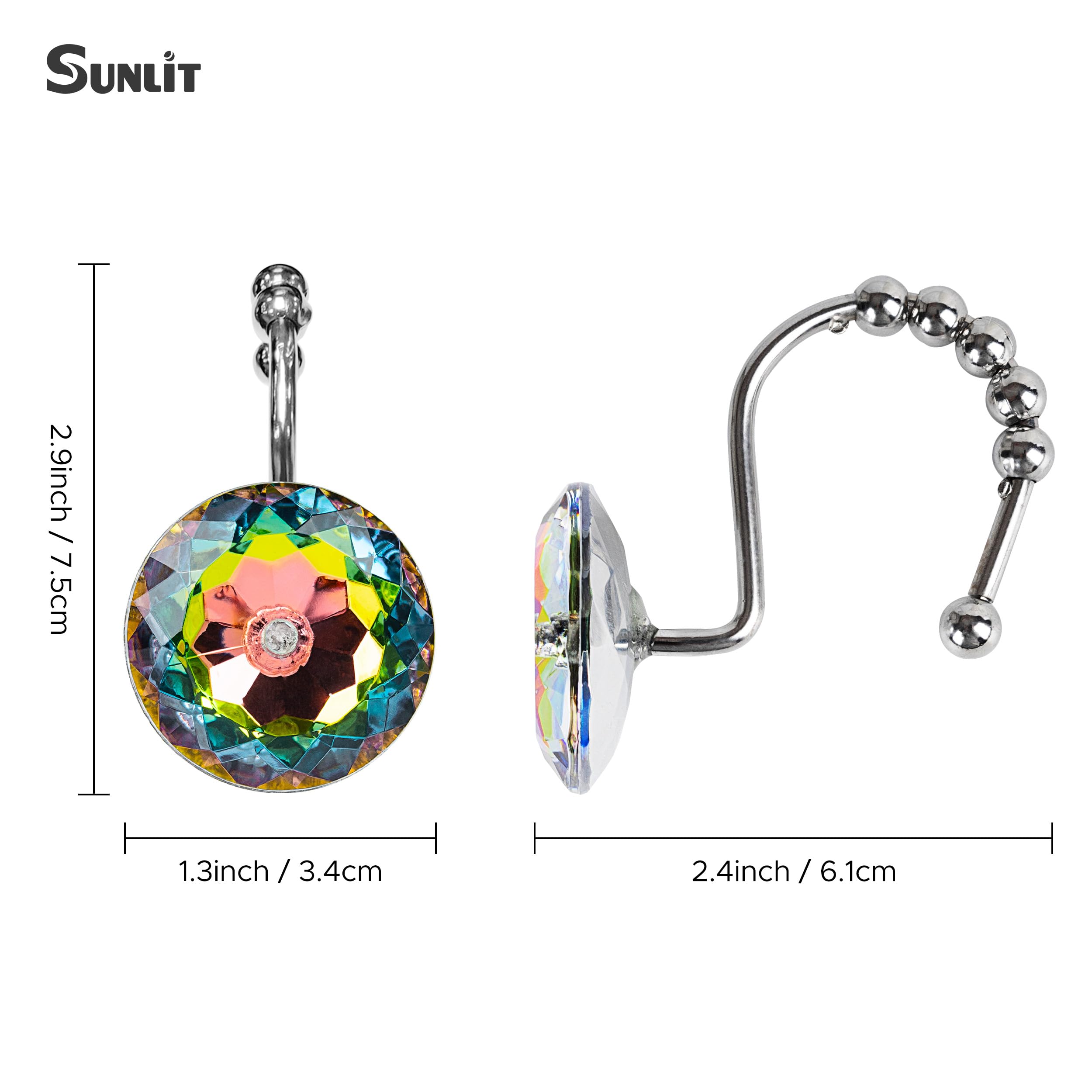 Luxury Design Round Diamond Crystal Gem Bling with Glide Balls Shower Curtain Hooks, Rust Proof Metal Rhinestones Glam Shower Curtain Rings-12 Pack