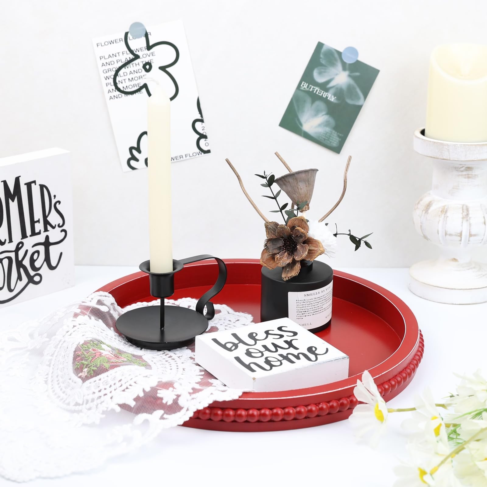 Round Wood Decorative Ottoman Tray for Coffee Table Kitchen Counter, Living Room, Handcrafted Wooden Serving Tray for Table Centerpiece