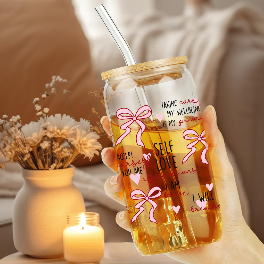 Cherry Bow Cup, Birthday Gifts for Women, Girly Gifts for Her, Sister, Mom, Colleague - 16 OZ Glass Tumbler with Straw & Lid, Coquette Iced Cup