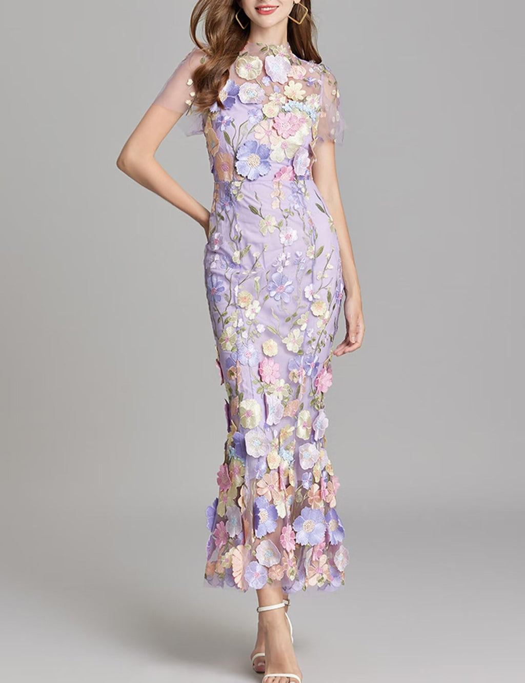 Women's 3D Floral Embroidery Dress Sheer Mesh Round Neck Lace Bodycon Party Cocktail Maxi Dress Short Sleeves