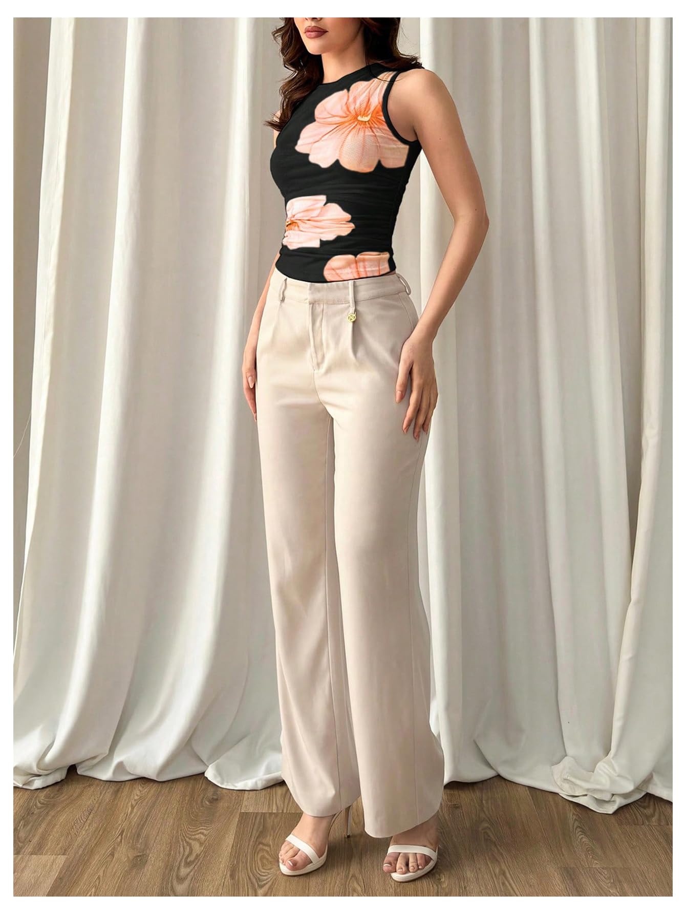 Women's Flower Print Mesh Top Sleeveless Mock Neck Ruched Tank Tops