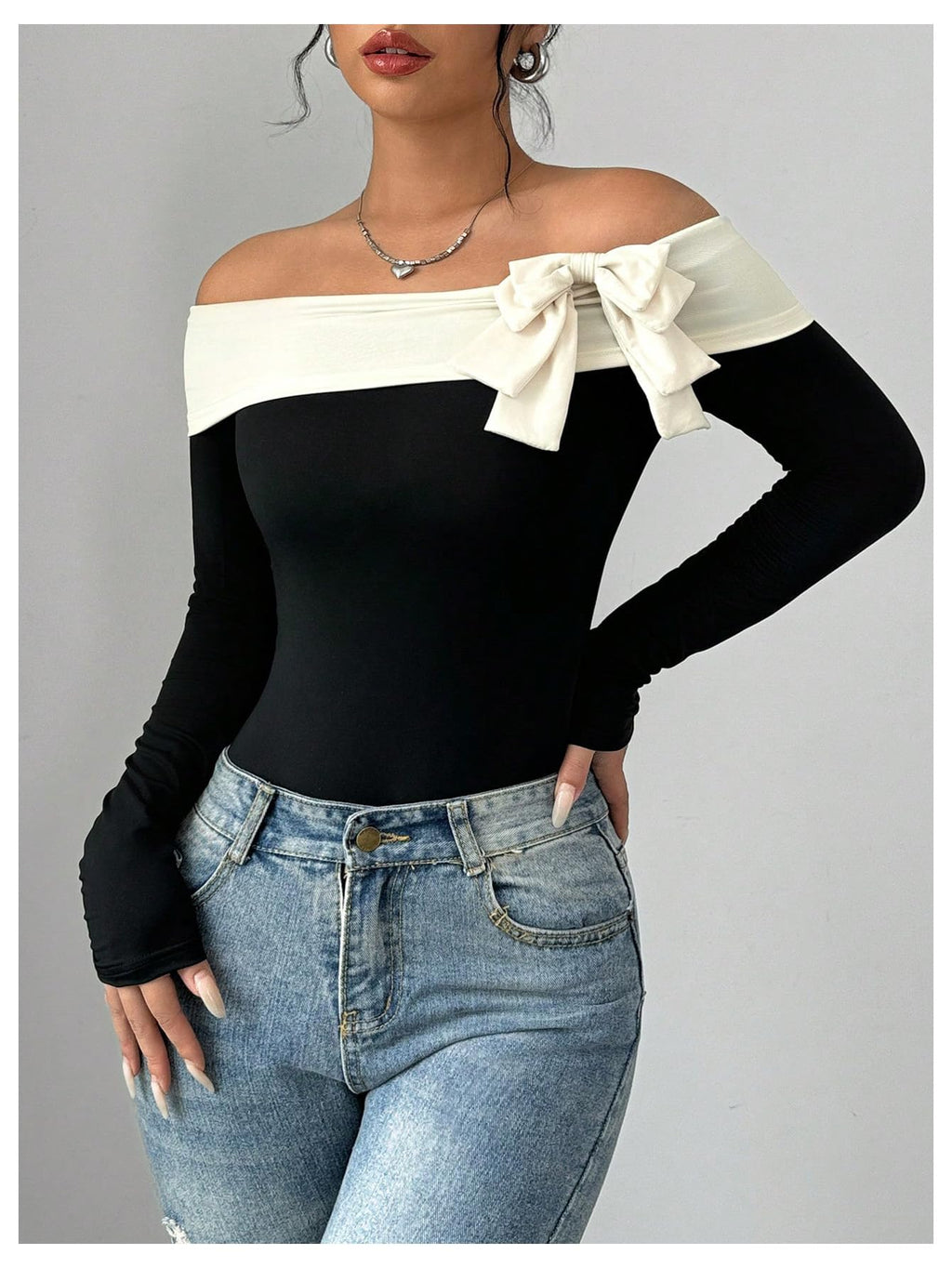 Women's Colorblock Bow Tie Off Shoulder Long Sleeve Bodysuit Elegant Tops