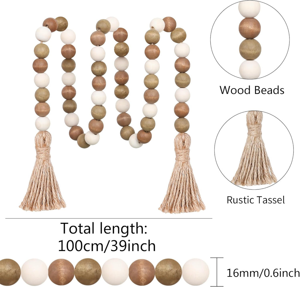 Wood Bead Garland,39in Farmhouse Beads with Tassels Boho Beads for Tiered Tray Decorative Beads Home Decor