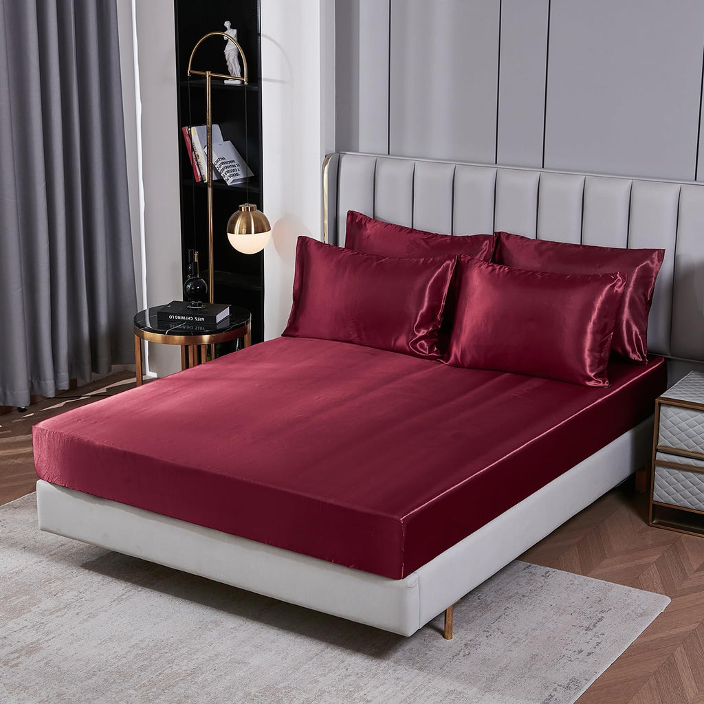 Satin Comforter Set with Sheet Set Full Silk Like Hot Pink Bed in a Bag Luxury Silky Bedding with 1 Comforter, 1 Flat Sheet, 1 Fitted Sheet, 4 Pillowcases, 1 Cushion Cover (Full, Hot Pink)