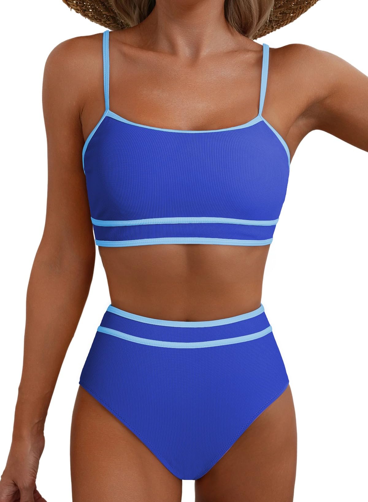Womens Bikini Sets Ribbed Color Block Swimsuit Scoop Neck Bathing Suit