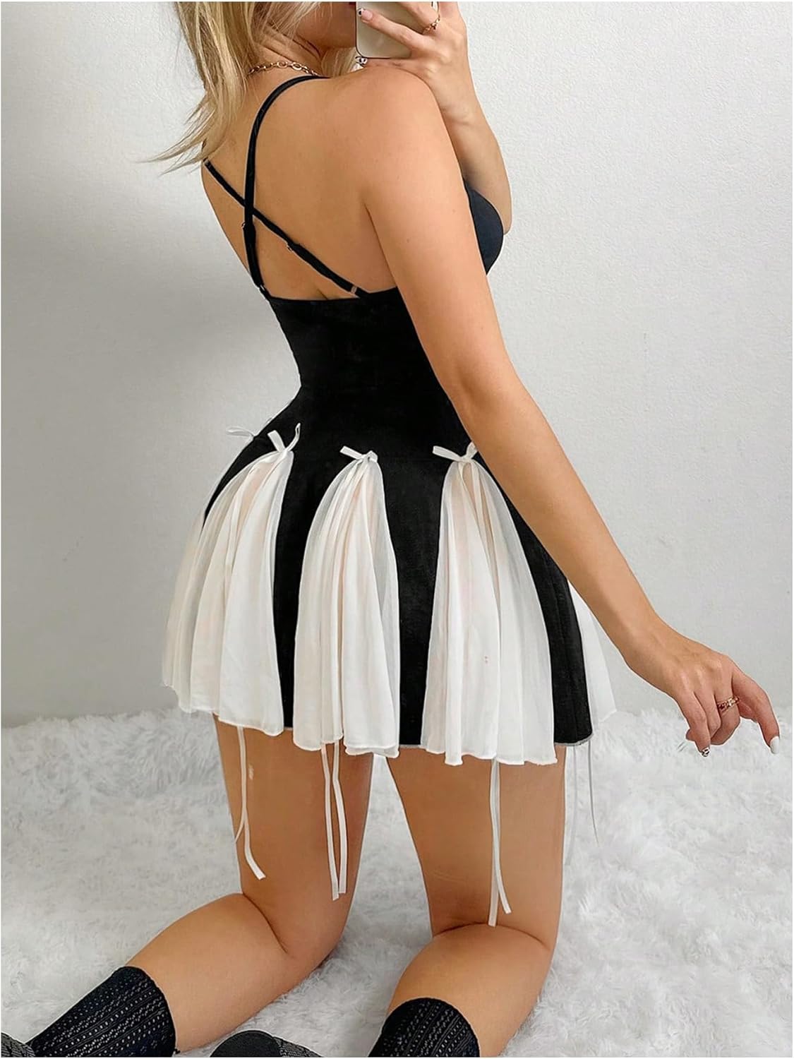 Women's Y2K Bow Tie Criss Cross Backless Mini Dress Colorblock Lace Cami Dress