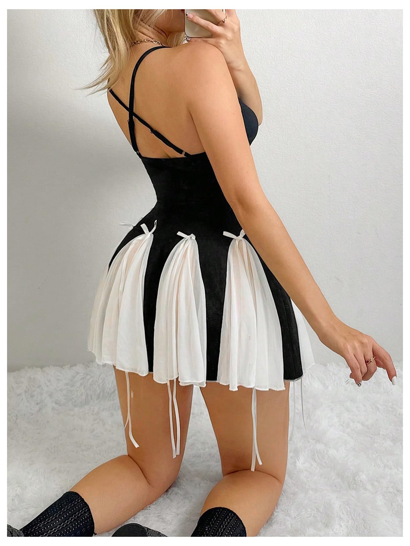 Women's Y2K Bow Tie Criss Cross Backless Mini Dress Colorblock Lace Cami Dress