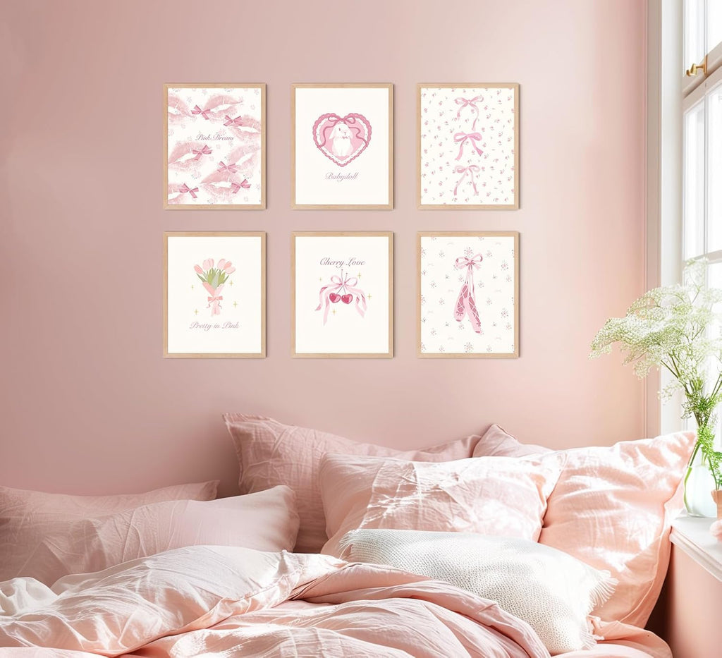 TwoDays Coquette Room Decor Aesthetic, Pastel Pink Bows Posters for Girls Bedroom, Balletcore Wall Art, Girly Kawaii Dollette Prints for Dorm.(8" X 10", Set of 6, UNFRAMED)
