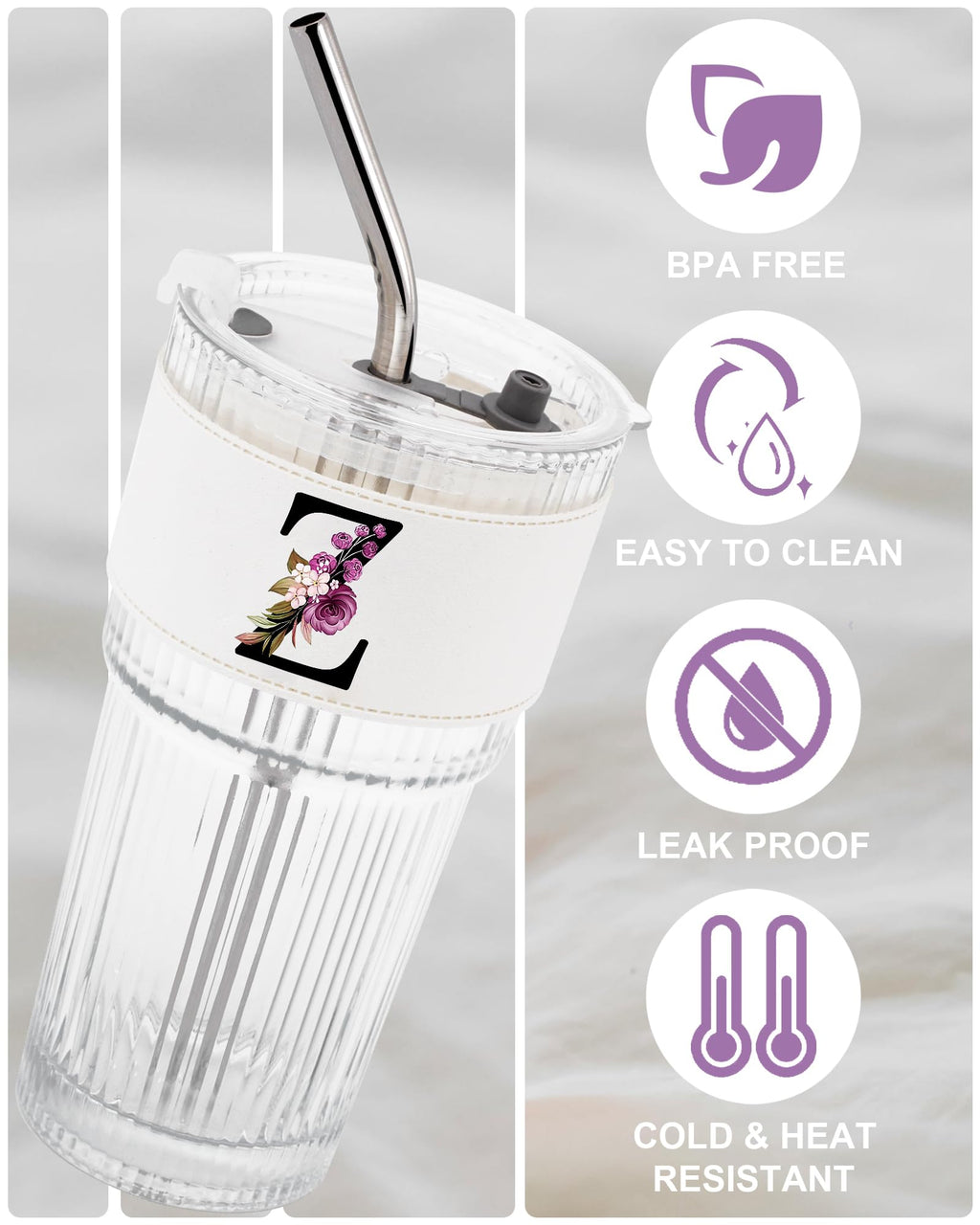 Initial Glass Cup with Lid Straw Ribbed Ice Tea Clear Tumbler Her Sister Coffee Matcha Latte Girlfriend Gf Aunt Best Friend Friendship Bestie Wife Cute Asthetic Unique Birthday Personalized Gift K