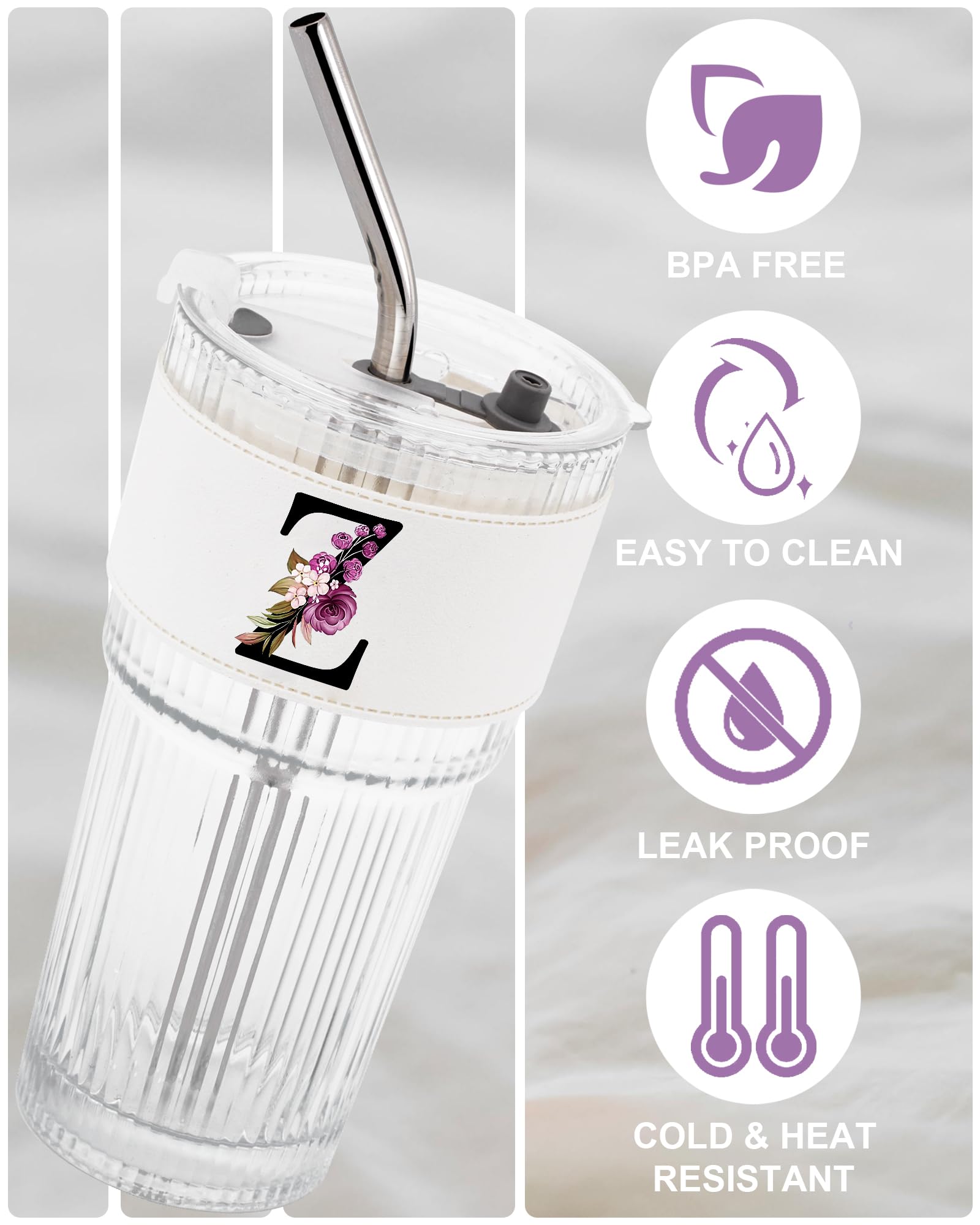 Initial Glass Cup with Lid Straw Ribbed Ice Tea Clear Tumbler Her Sister Coffee Matcha Latte Girlfriend Gf Aunt Best Friend Friendship Bestie Wife Cute Asthetic Unique Birthday Personalized Gift K