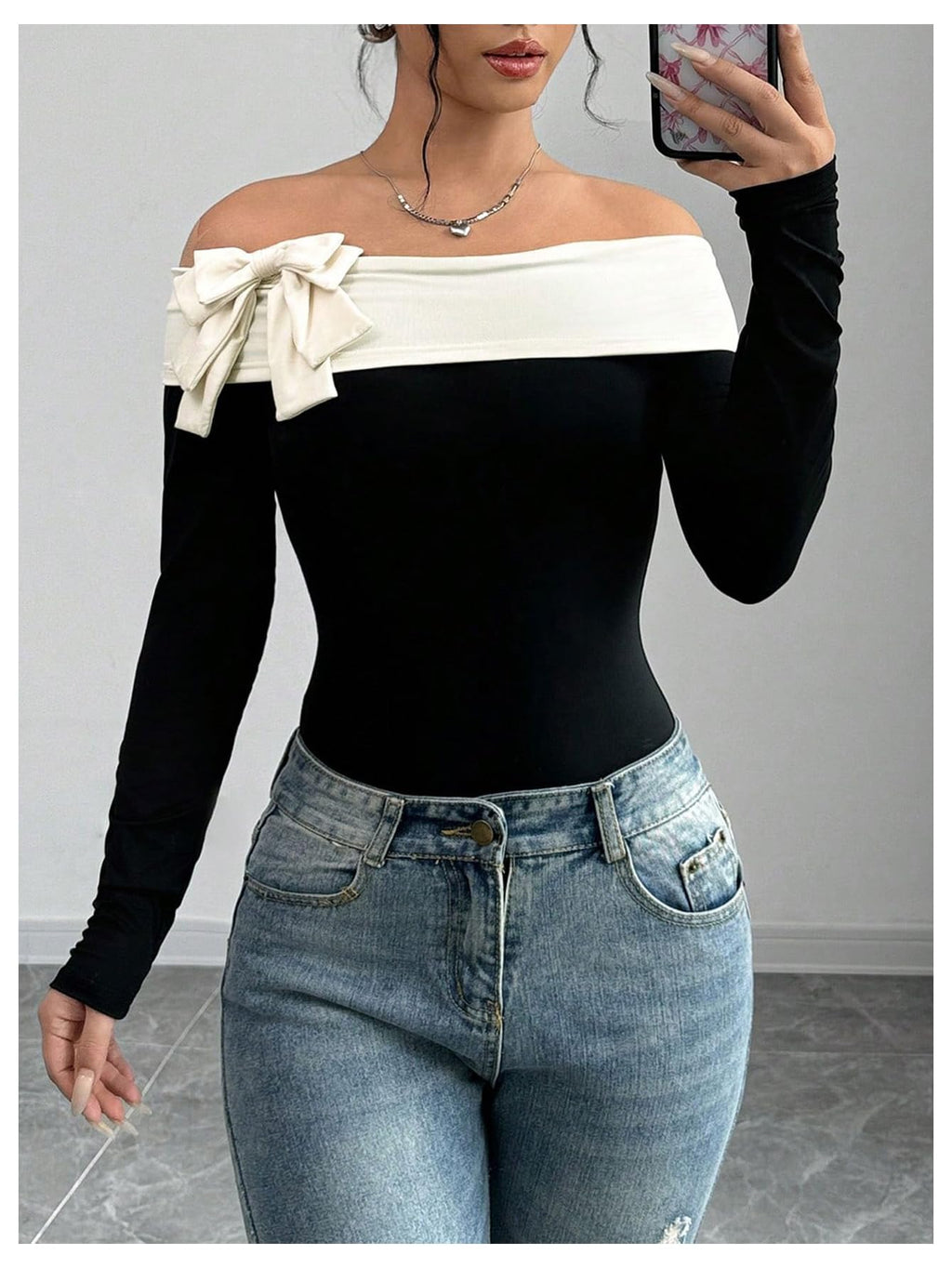 Women's Colorblock Bow Tie Off Shoulder Long Sleeve Bodysuit Elegant Tops