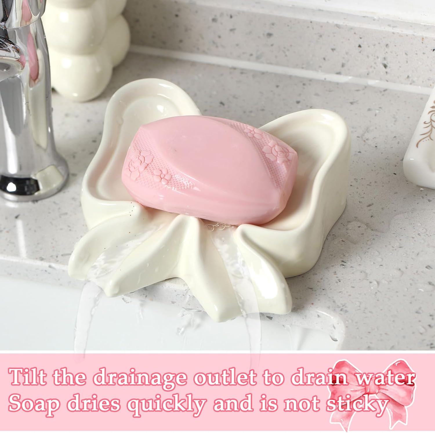 Coquette Bow Soap Dish Draining Soap Box Ceramic Cute White and Pink Bowtie Trinket Tray Bowknot Bathroom Countertop Accessories