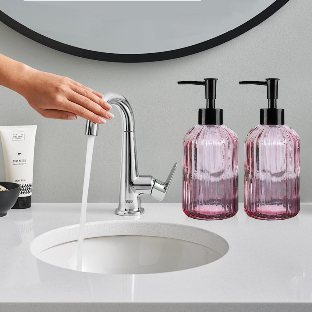 Pink Clear Glass Soap Dispenser 13 Oz/400ml, Striped Transparent Liquid Hand Soap Dispenser for Kitchen & Bathroom