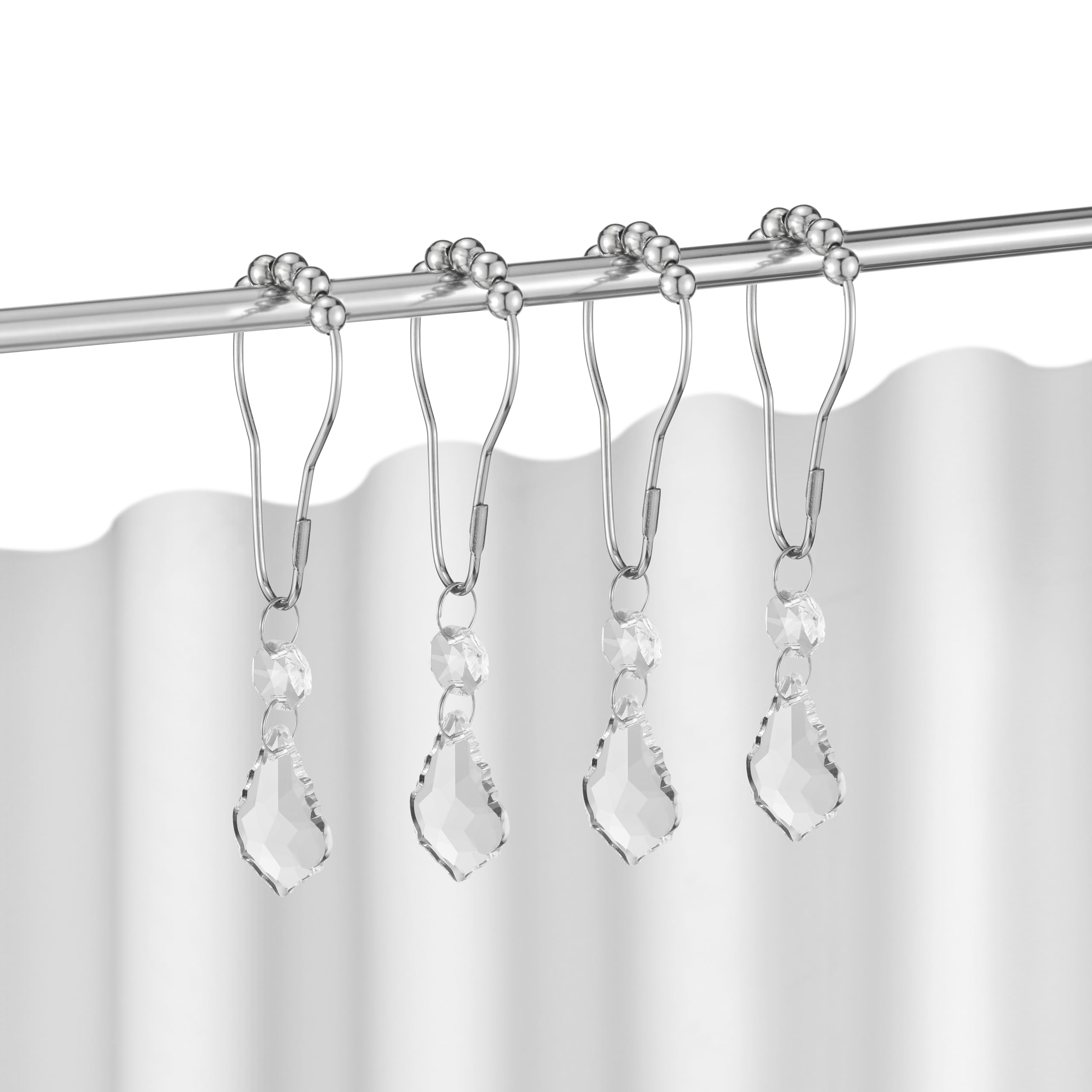 Set of 12 Water Drops Crystal Bead Stainless Steel Rust Resistant Clear Shower Curtain