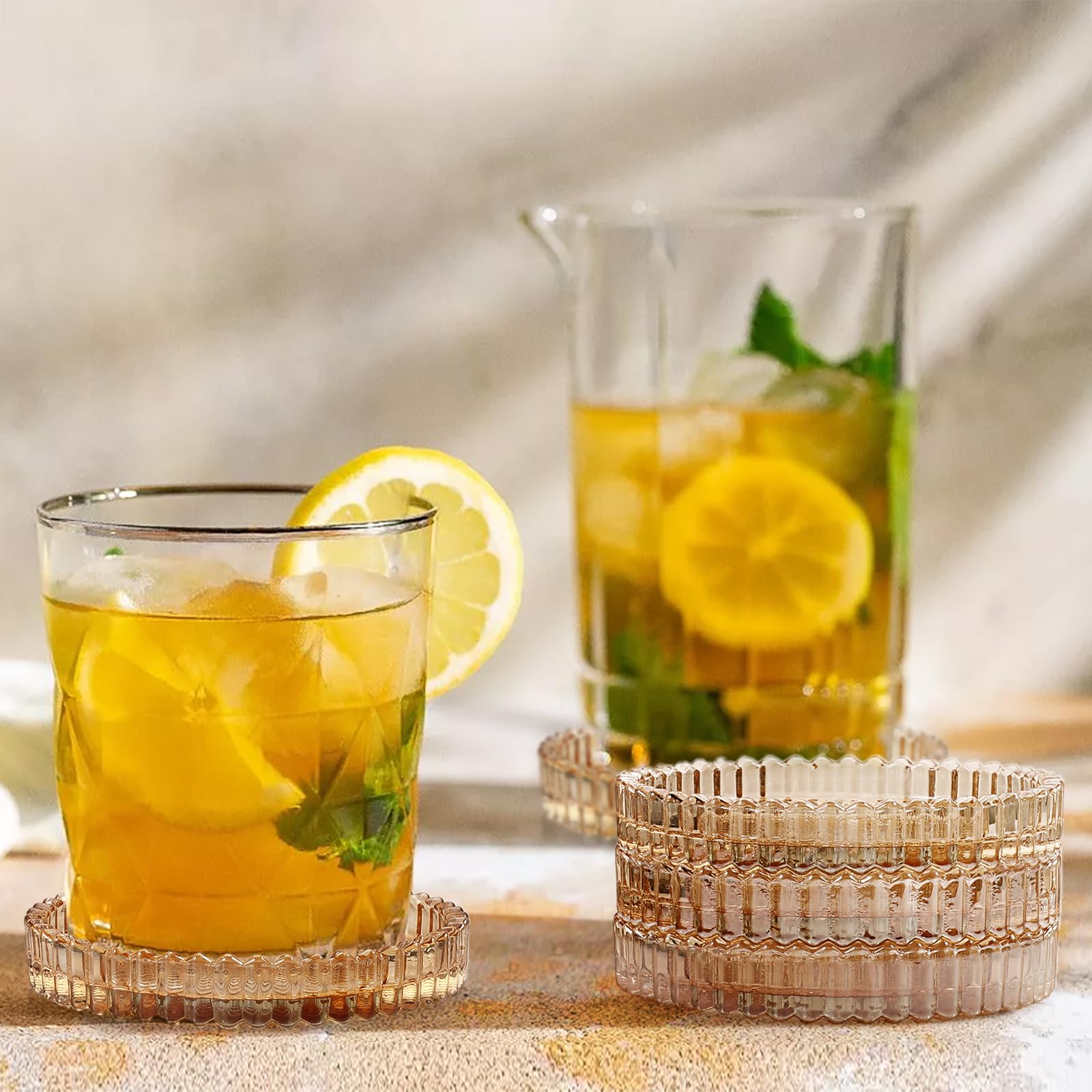 Modern Clear Coaster Set of 8- Glass Coasters for Drinks Crystal Coasters Round Cup Coasters