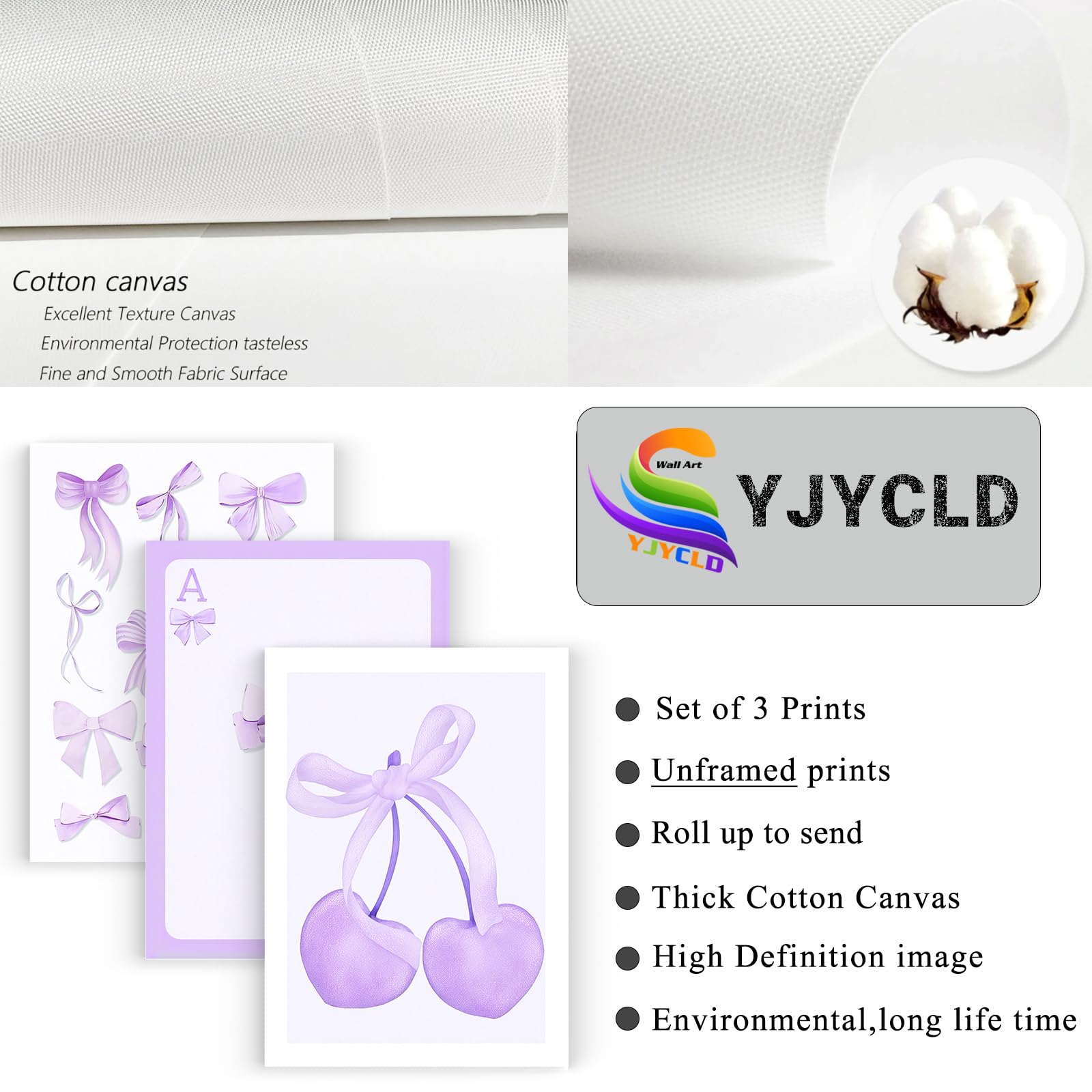 Purple Coquette Trendy Preppy Bows Cherry Wall Art Prints Set of 3 Watercolor Light Purple Poker Posters Wall Decor,  Unframed