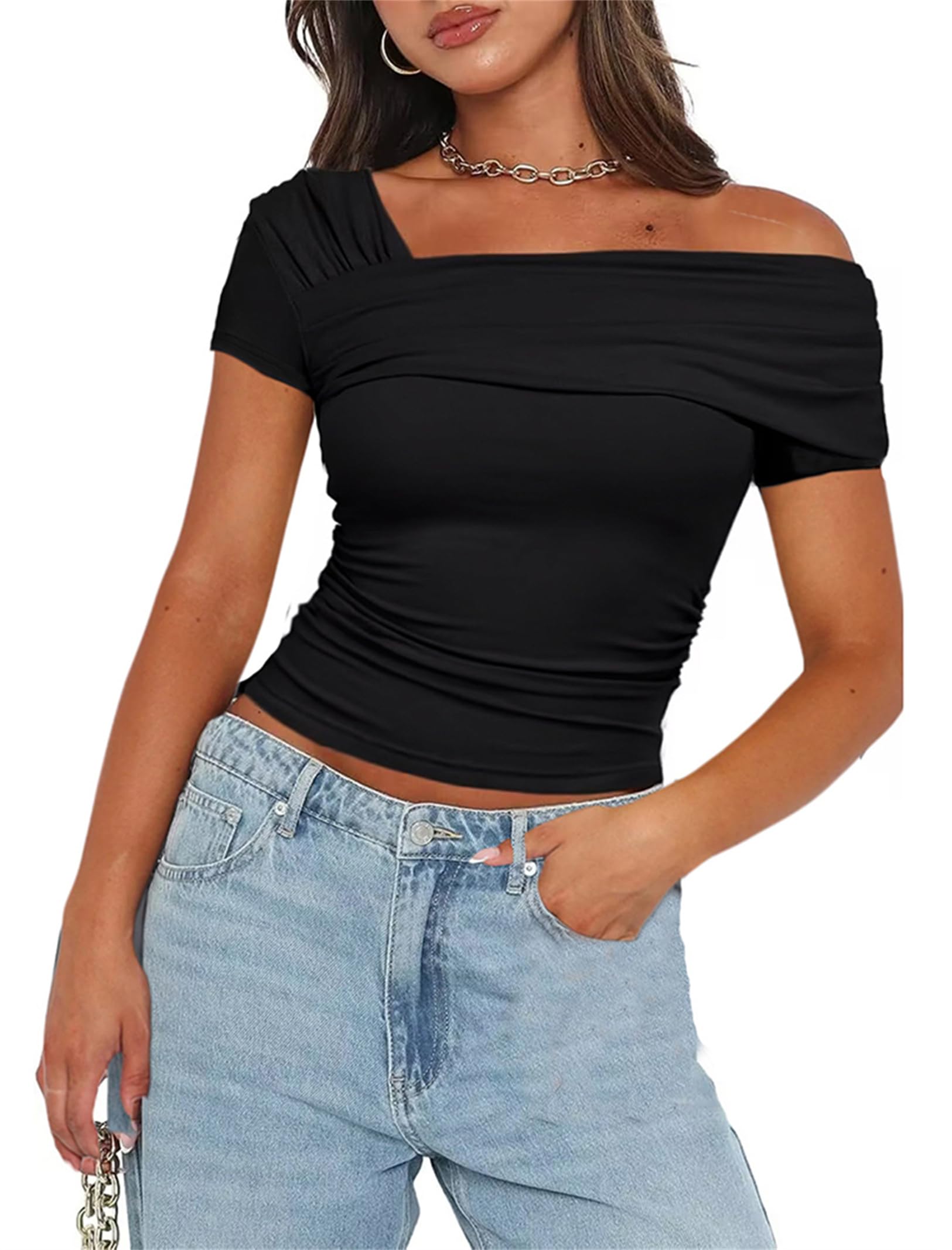 Women's One Off The Shoulder Top - Short Sleeve Ruched Going Out Crop Top Slim Fit Y2K T Shirt