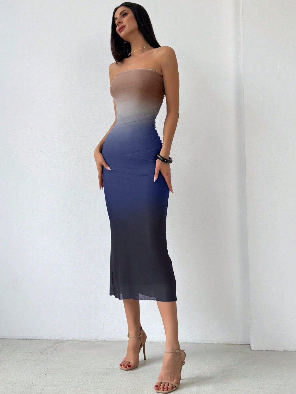 Women's Summer Gradient Strapless Tube Dress Bodycon Long Dress Side Slit Mesh Layered