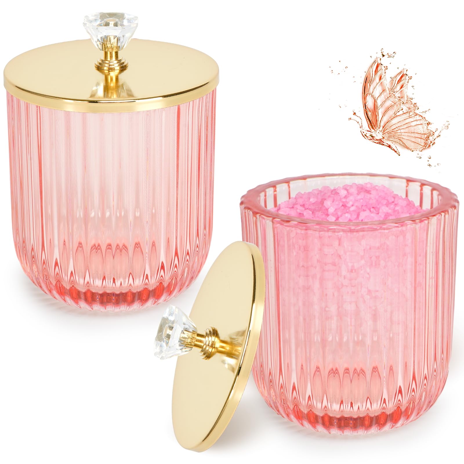 Cute Glass Apothecary Jars with Lid, Pink Cotton Ball Pad Round Container Holders and Vanity Canister Storage Jar for Makeup Sponges, Floss, Hair Accessories 2 Pack