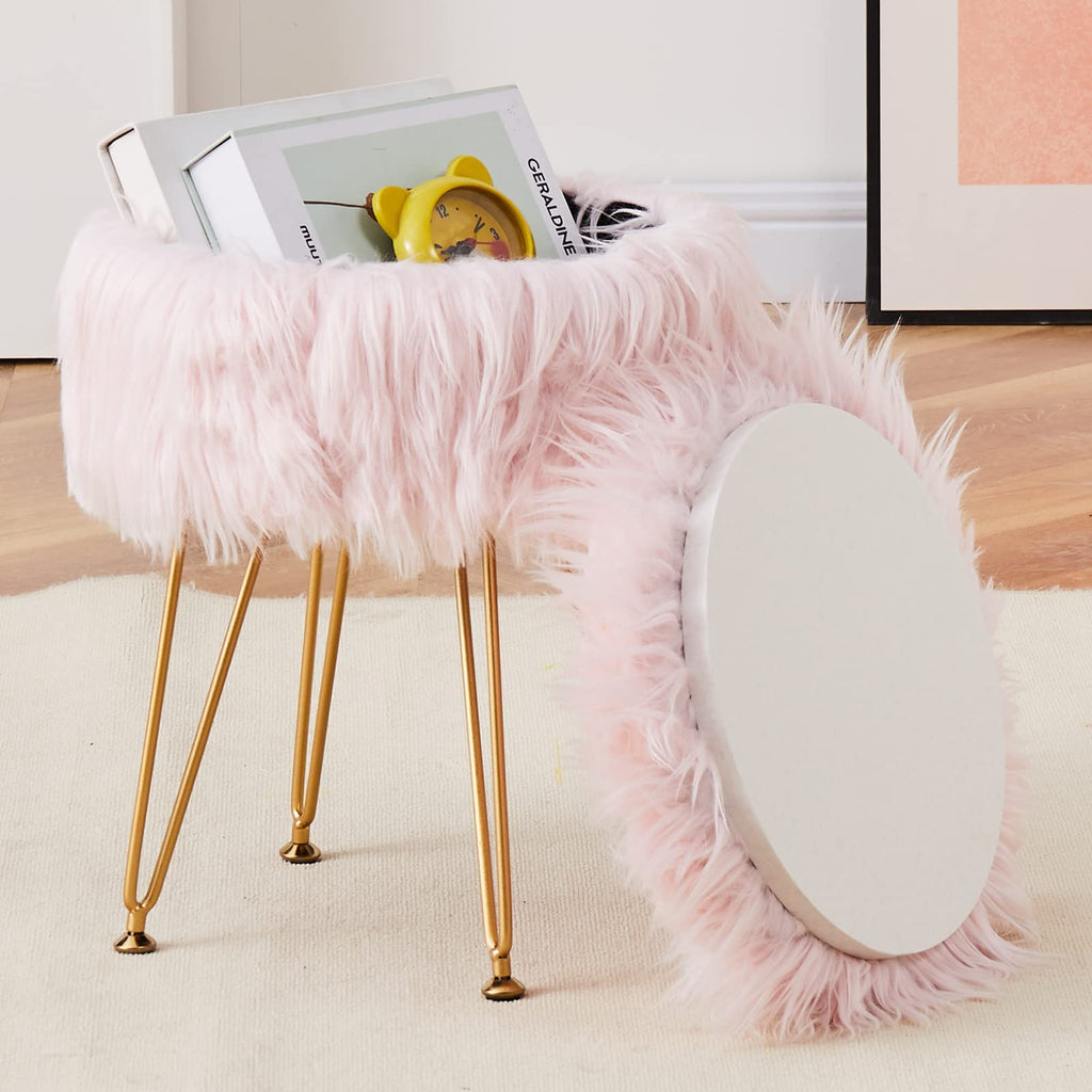 Faux Fur Storage Ottoman Round Furry Vanity Stool Marble Grain Tray Coffee Table Compact Footrest Stool with 4 Metal Legs Soft Makeup Seat Foot Stools for Living Room Bedroom Entryway