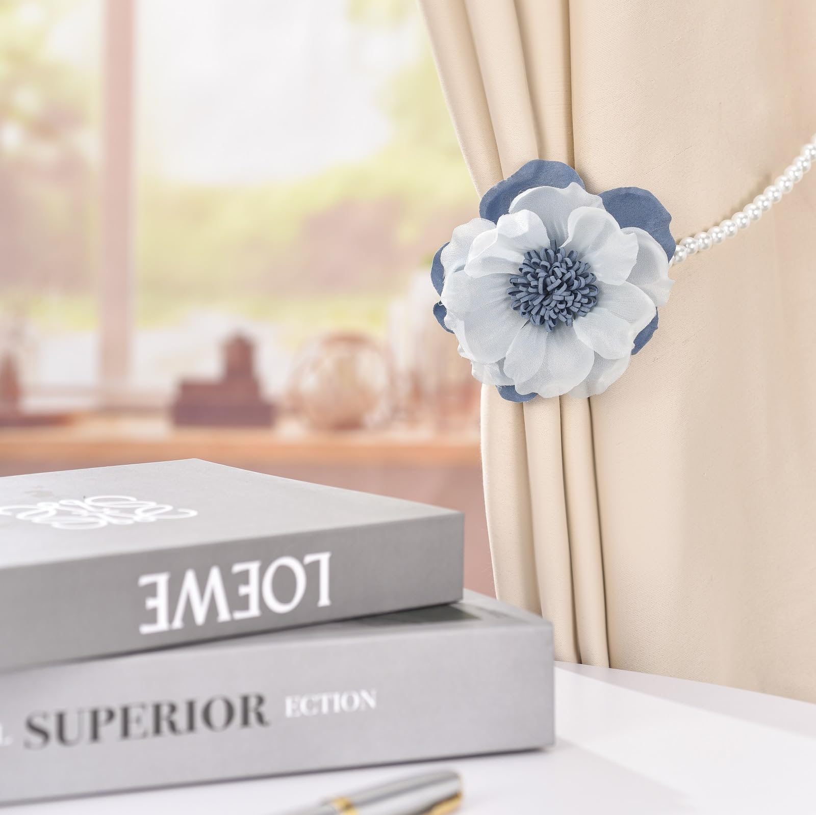 Elegant Pearl Magnetic Curtain Tieback with Handmade Flower Decorative Drapery Holdbacks Rope Holder