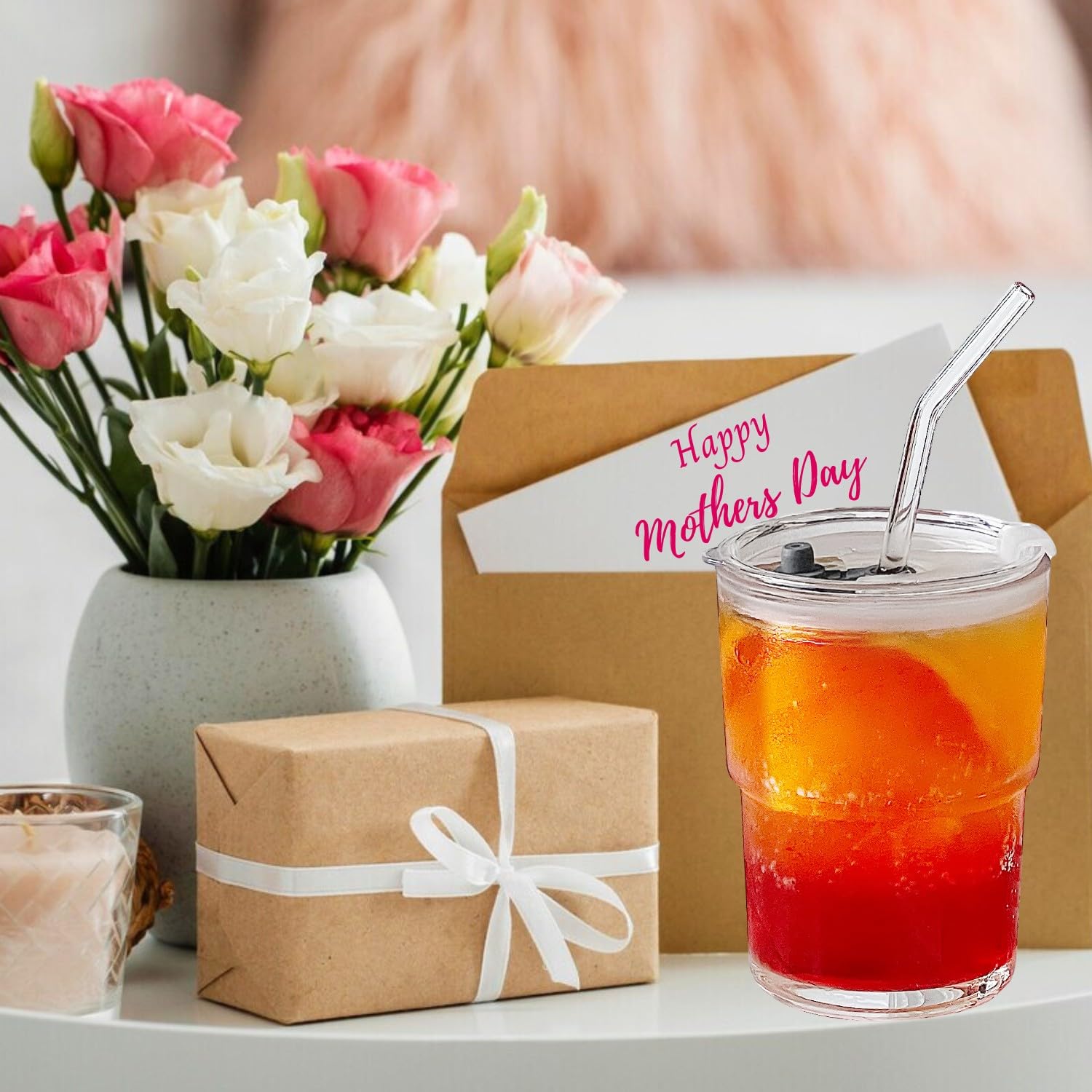 Glass Tumbler with Straw and Lid, Reusable Iced Coffee Cup Tumbler, Cute Glass Cups 13oz