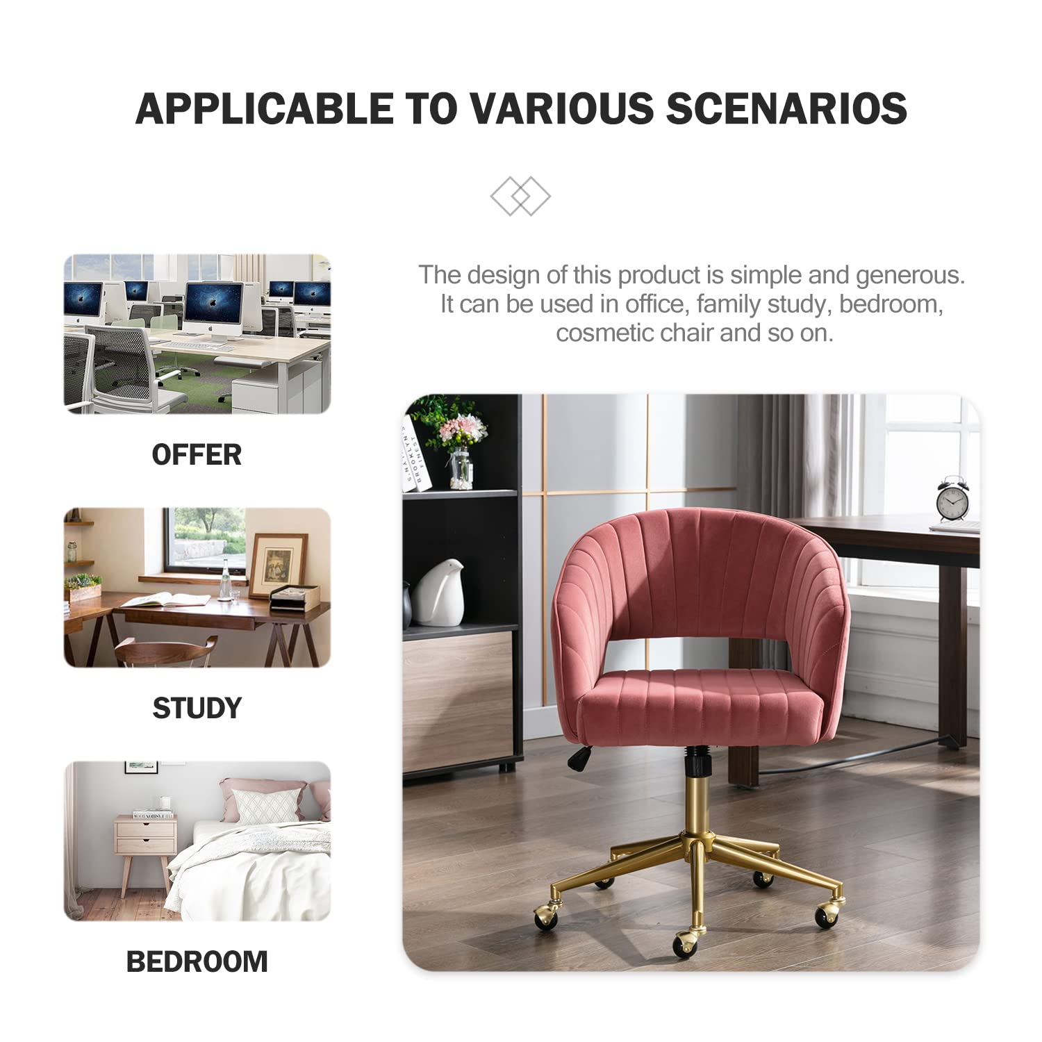 Vanity Velvet Chair, Upholstered Chairs with Adjustable Swivel Wheels