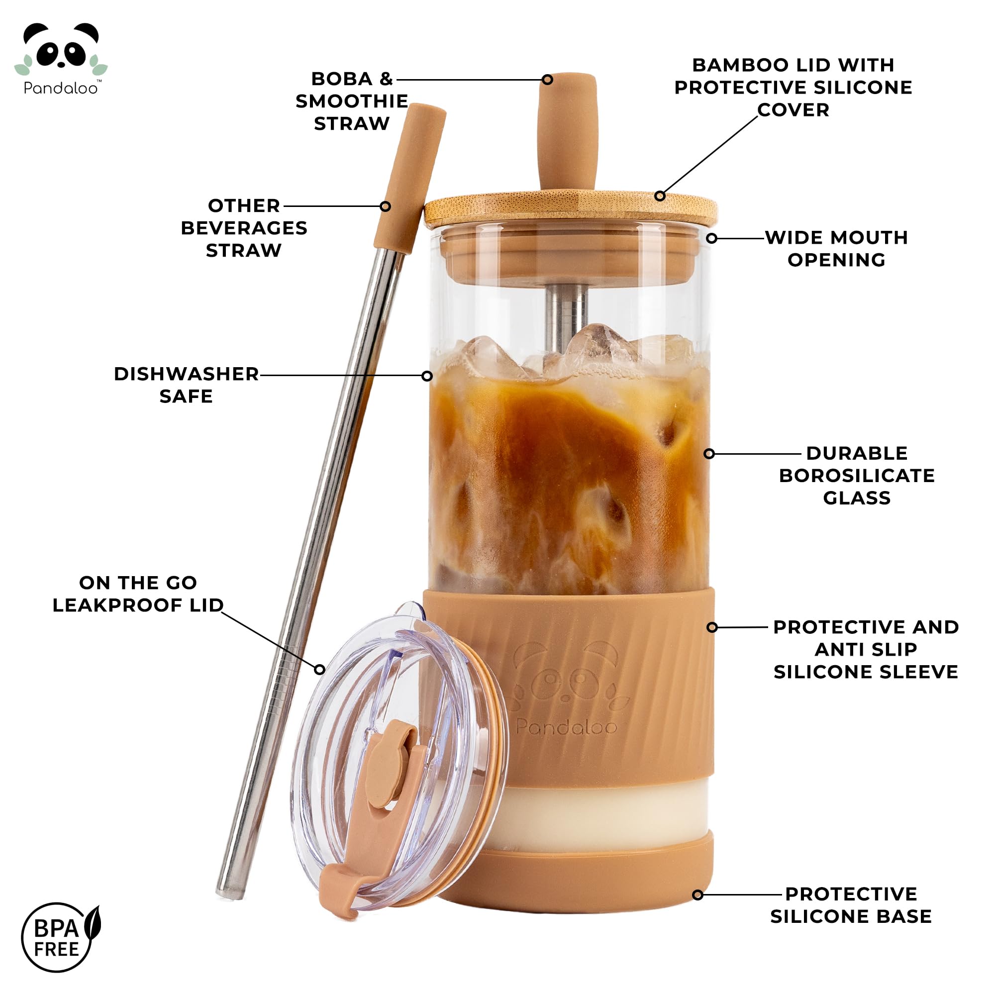 Pandaloo® Glass Cups With Lids and Straws -20 Fl Oz- Perfect Size Iced Coffee Cup - Smoothie Cup With Bamboo Lid and On the go Lid - Glass Tumbler With Straw