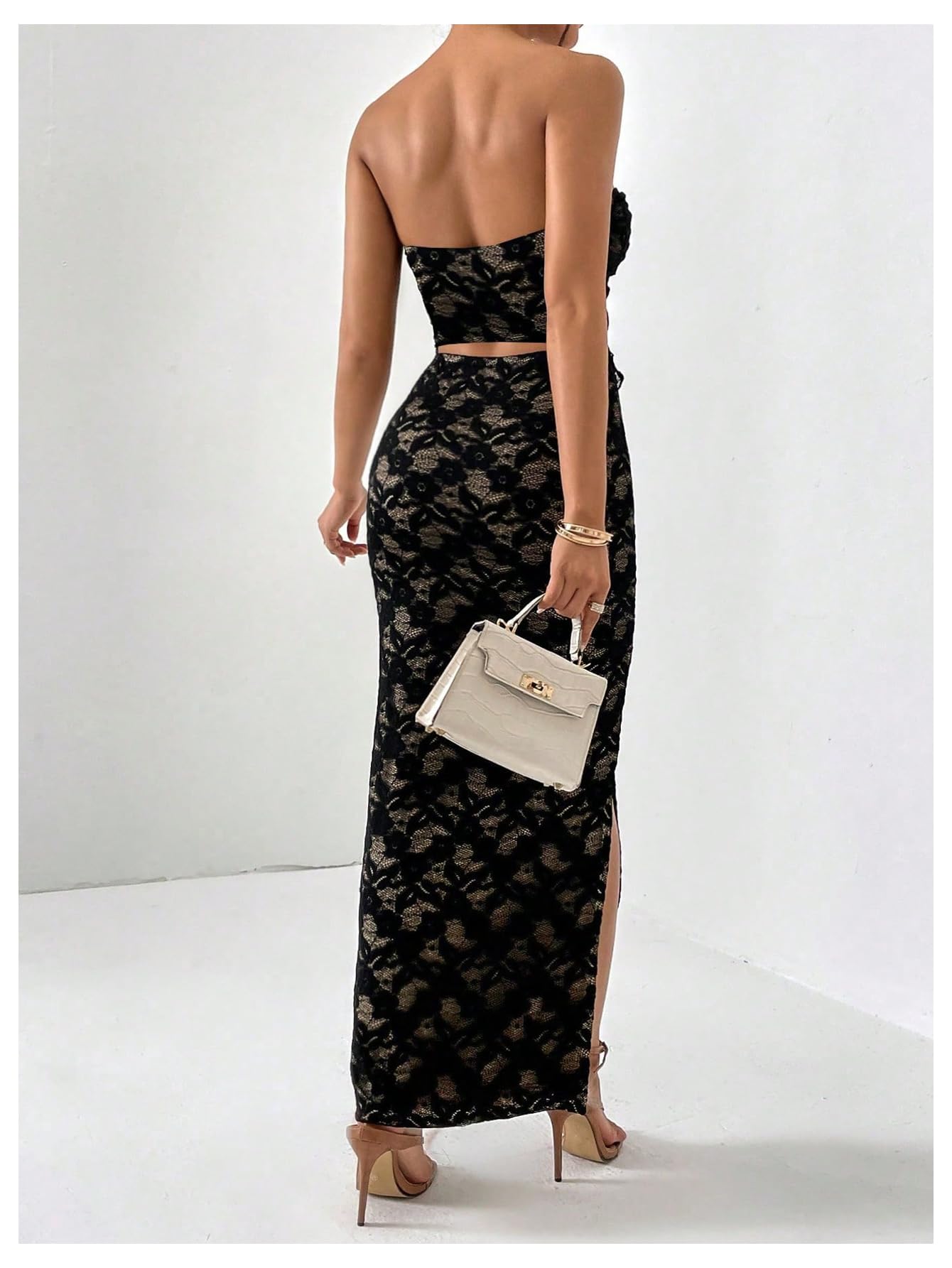 Women's 2 Piece Skirt Sets Lace Strapless Bandeau Tube Top and Bodycon Long Maxi Skirt Outfits