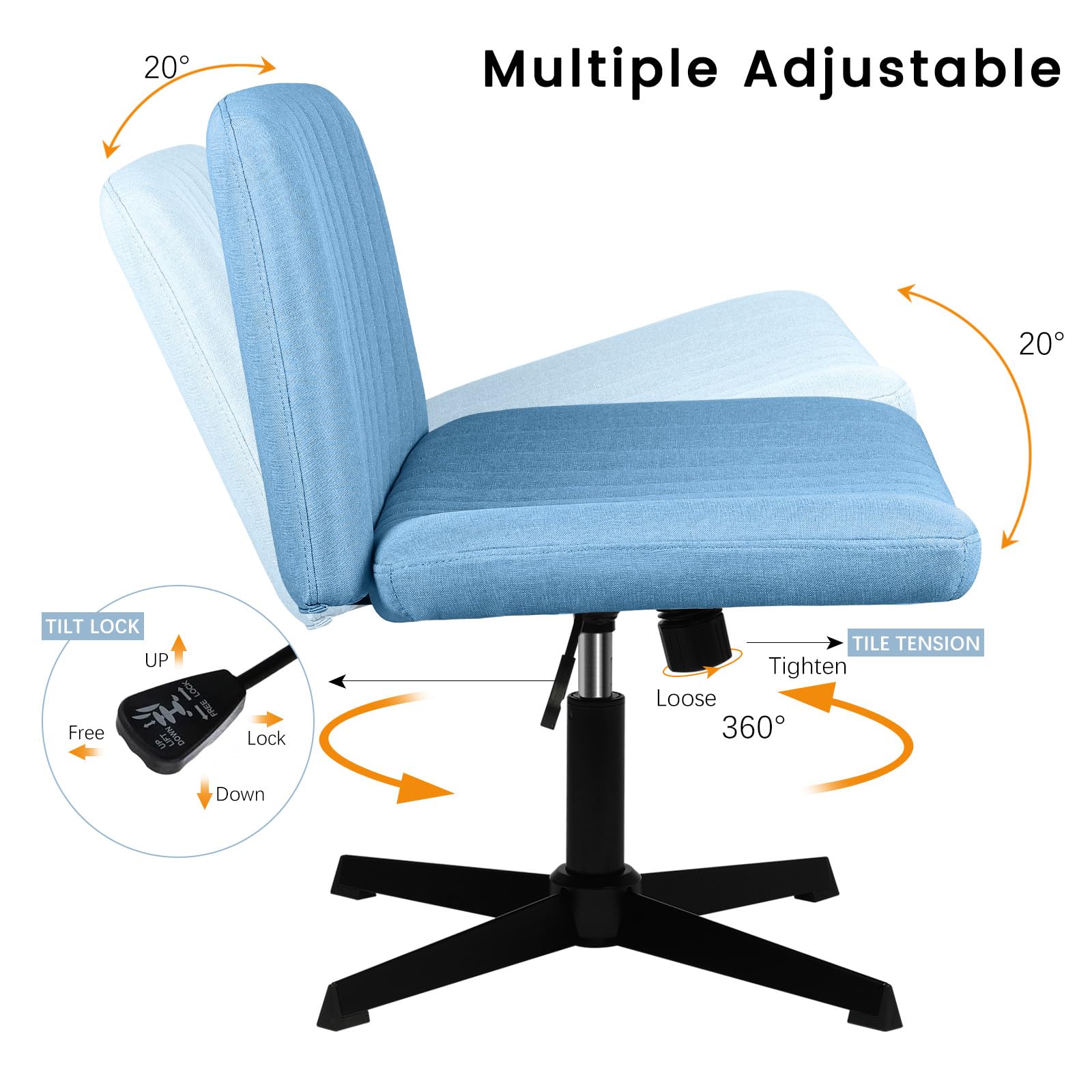 Criss Cross Chair, Armless Cross Legged Office Desk Chair No Wheels, Fabric Padded Modern Swivel Height Adjustable Mid Back Wide Seat