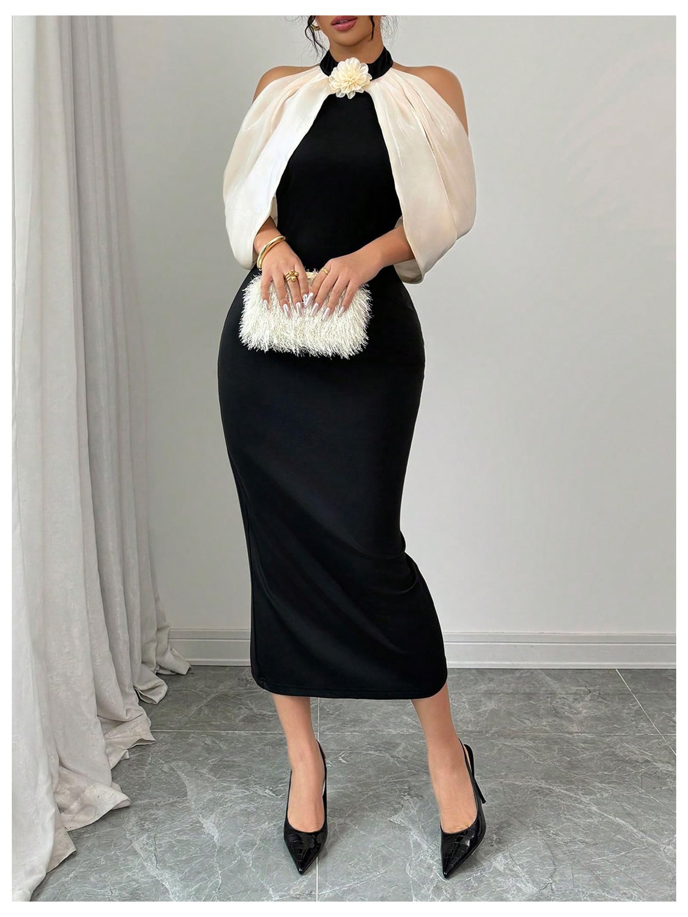 Women's 3D Floral Halter Dress Elegant Color Block Cold Shoulder Backless Bodycon Dresses