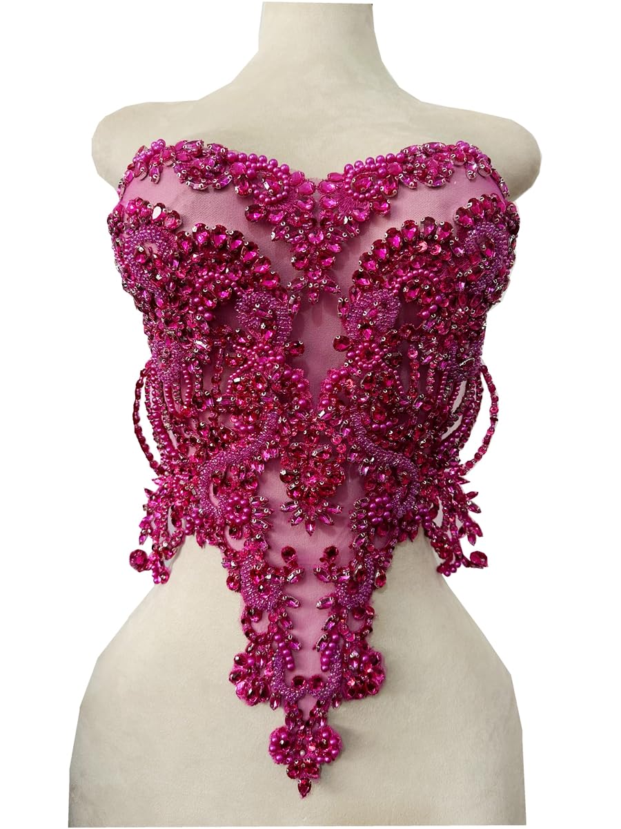 Handmade red/Blue/Gold/Green Rhinestones lace Bodice Applique Sewing Beads Crystal Trim Patches Accessory for Dress Clothes (Rose red)