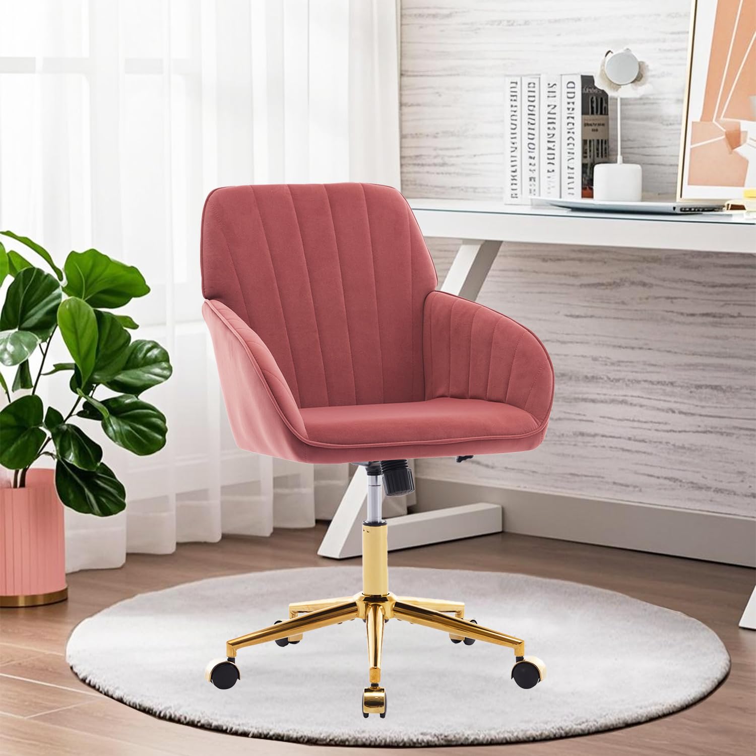 Modern Vanity Velvet Adjustable Low Back Rolling Chair, Twill Upholstered Cute Chair with Wheels