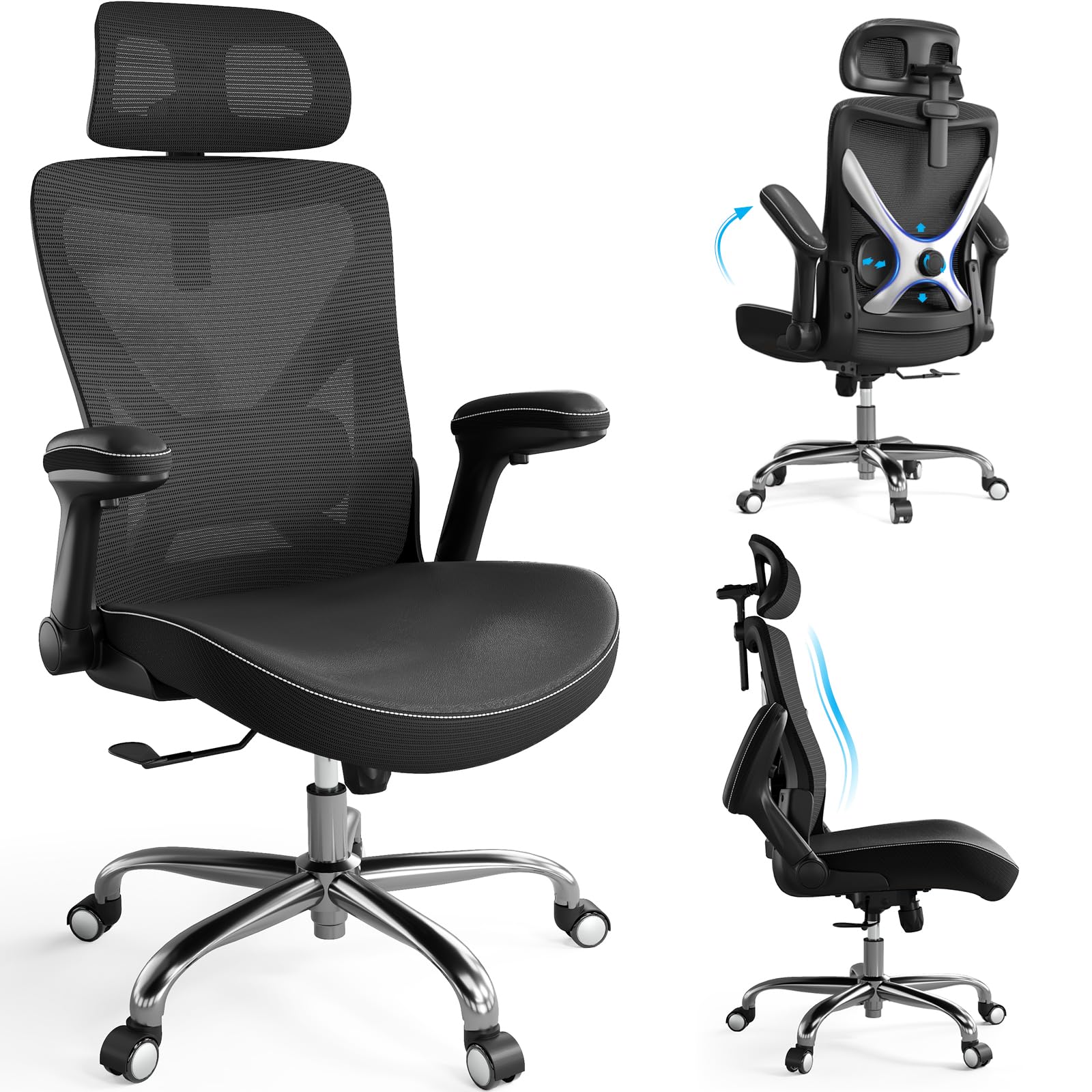 Ergonomic Desk Chair-Computer X-Shaped Chair Mesh PU Leather with Adjustable Lumbar Support-Executive Chair High Back with Headrest Flip-Up Arms for Long Hours