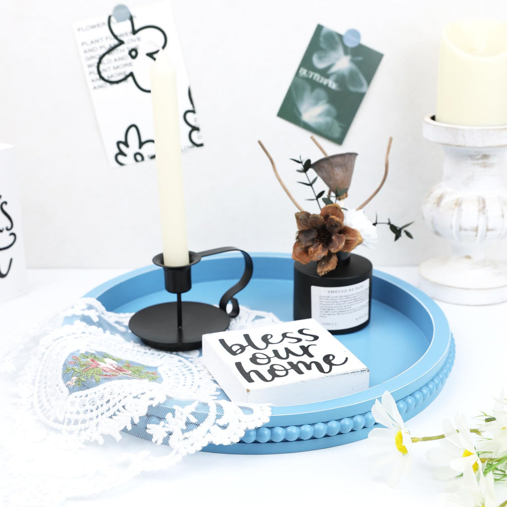 Round Wood Decorative Ottoman Tray for Coffee Table Kitchen Counter, Living Room, Handcrafted Wooden Serving Tray for Table Centerpiece