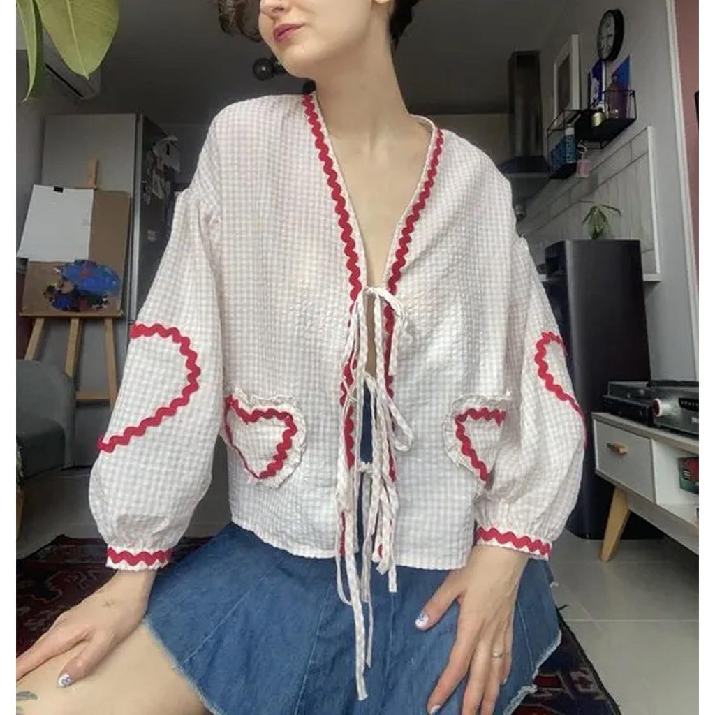 Tie Front Tops for Women Gingham Babydoll Bow Top Puff Sleeve Coquette Tops Heart Long Sleeve Cute Spring Tops