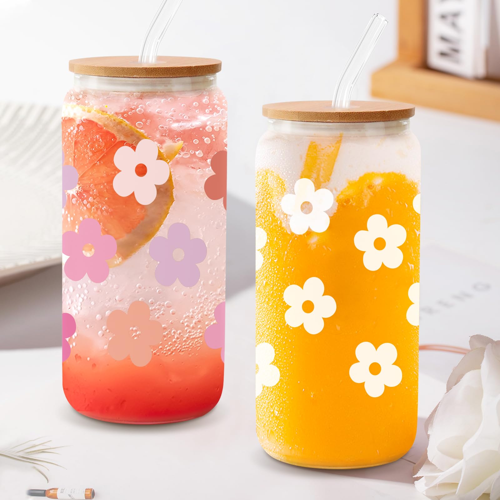 Daisy Glass Cup with Lid & Straw, Cute, 16oz