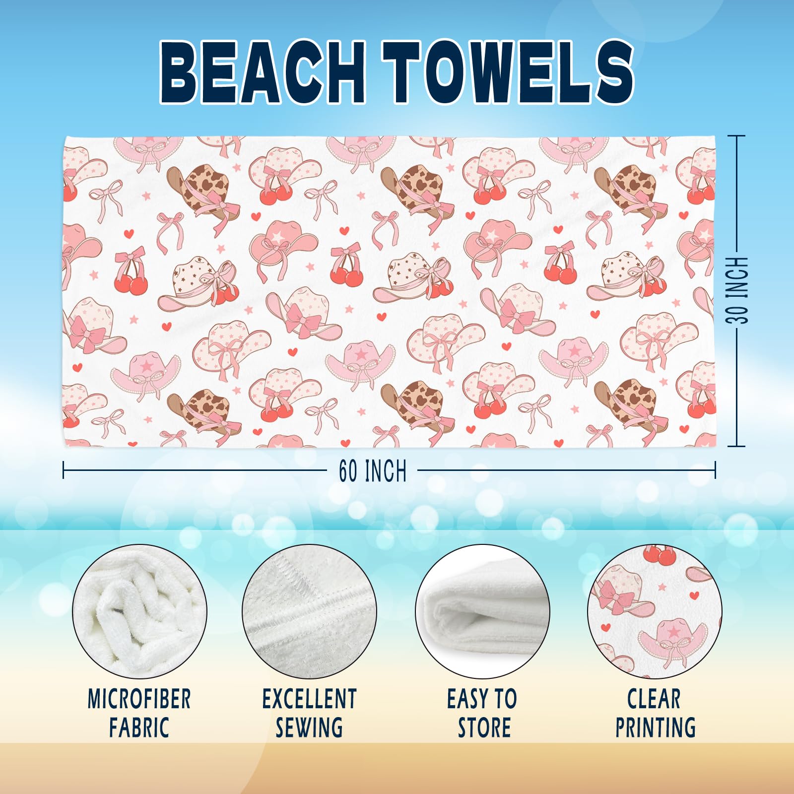 Coquette Girly Pink Bow Beach Towel - Microfiber Absorb Water Travel Towels 60x30 Inches for Bathroom Kitchen