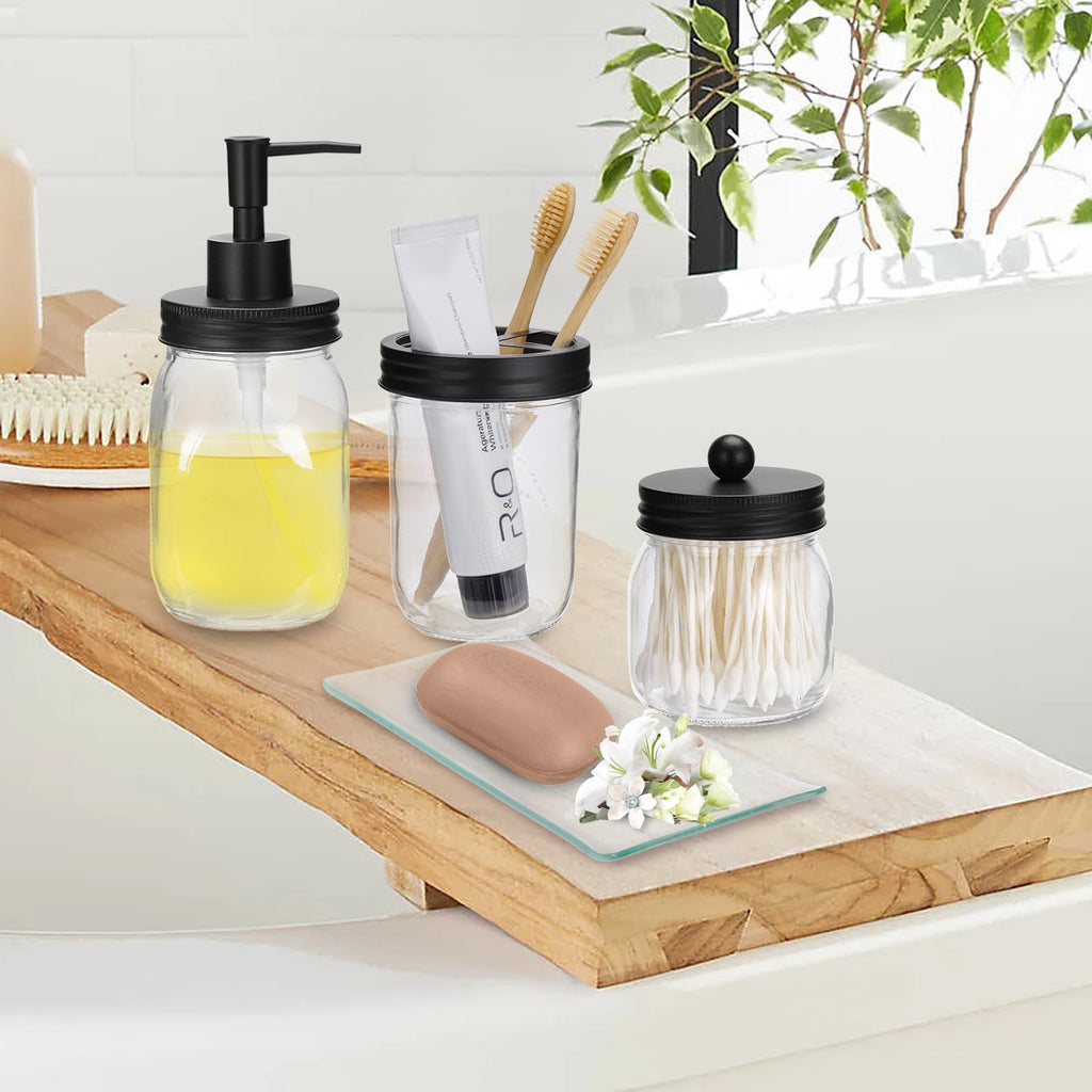 Glass Bathroom Accessories Set 4PCS Bathroom Accessories Set with Soap Dispenser Toothbrush Holder Qtip Holder & Vanity Tray