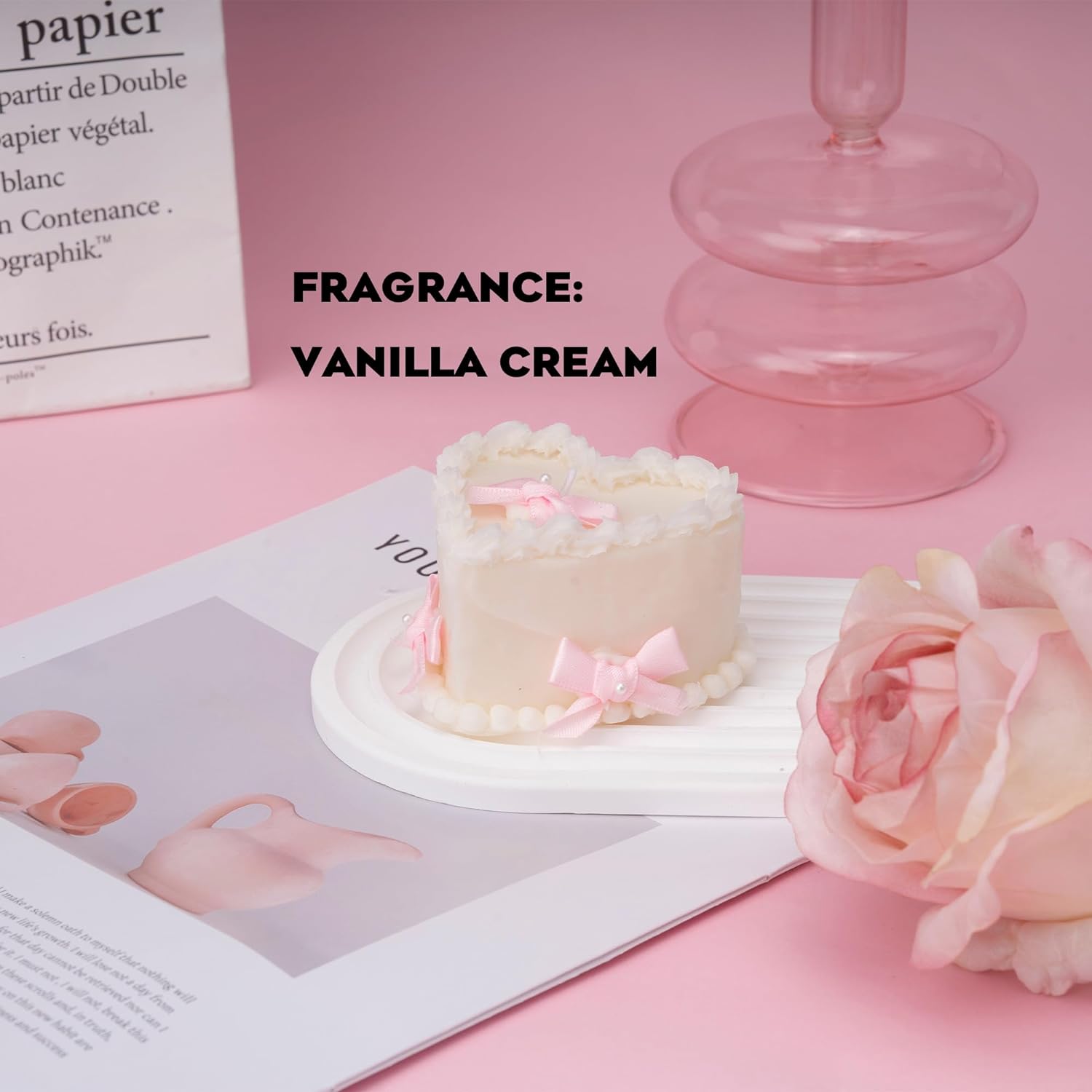 Coquette Room Decor Aesthetic, Heart Cake Shaped Soy Wax Decorative Candle with Pink Bows (5 OZ, Vanilla Cream Scented)