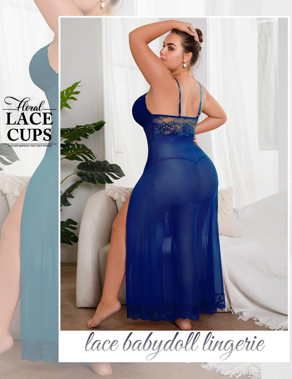Plus Size Lingerie For Women Babydoll Sexy Mesh Maxi Nightdress Exotic Sleepwear Side Slits